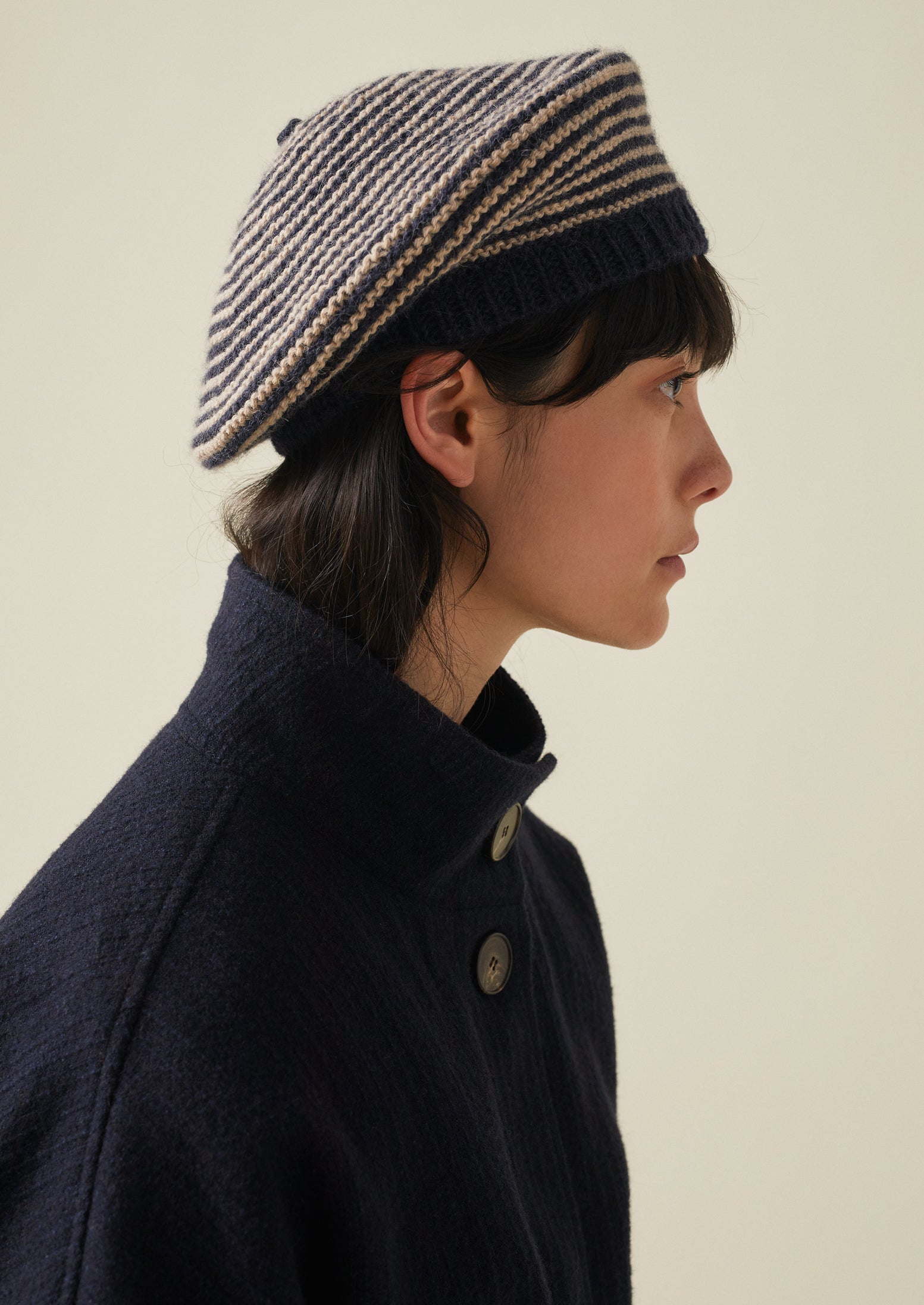 Hand Knitted Striped Beret | Navy/Ecru