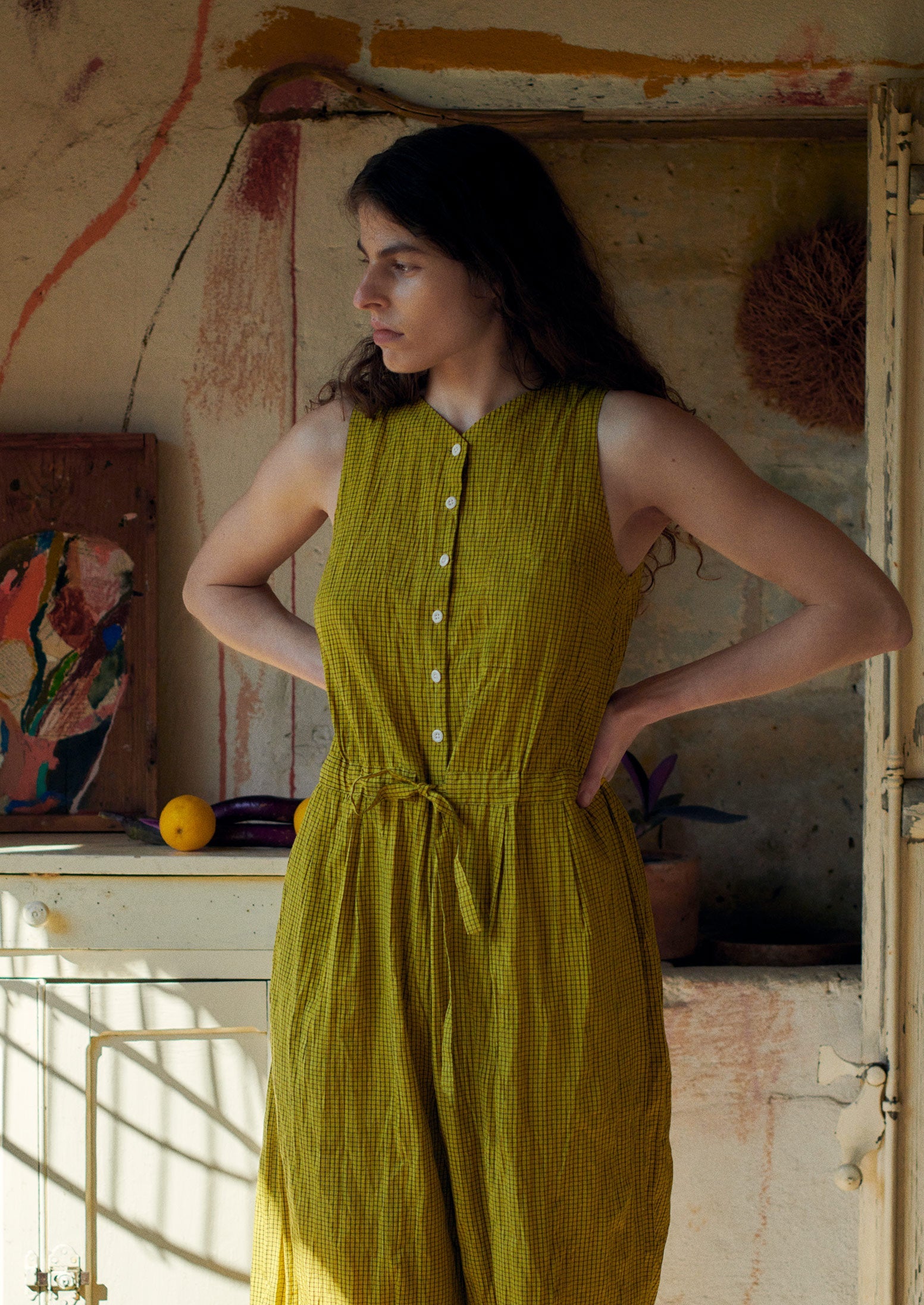 Check Crinkle Cotton Jumpsuit | Slate/Pomelo