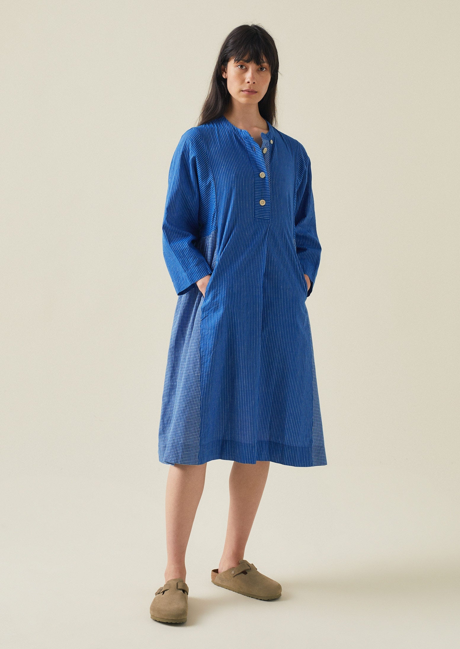 Panelled Stripe Check Dress | Sapphire/ Ecru