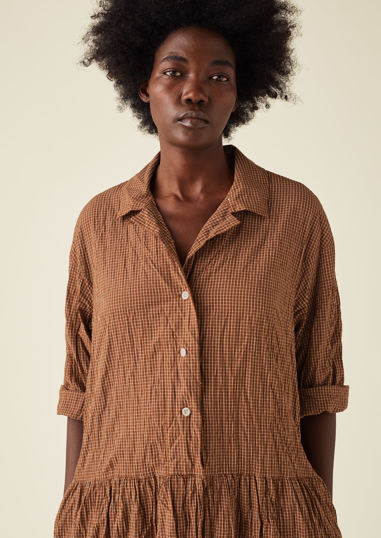 Check Crinkle Cotton Dress | Copper/Ecru
