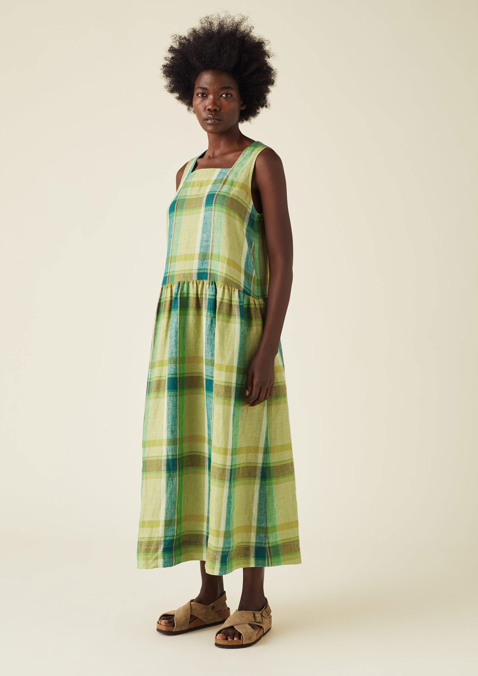 Trapeze Check Linen Dropped Waist Dress | Acid Green