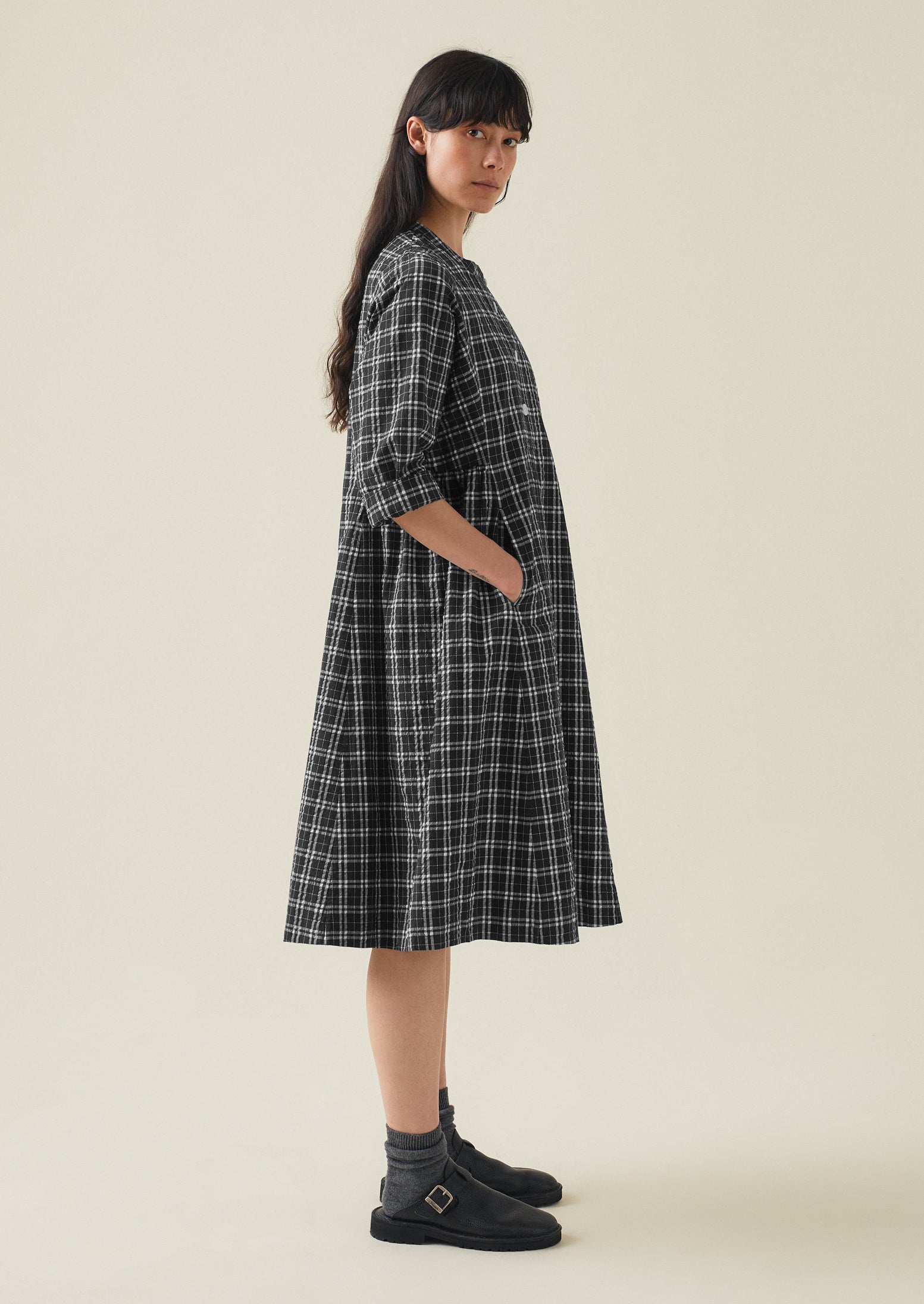 Check Cotton Cashmere Shirt Dress | Charcoal/Ecru