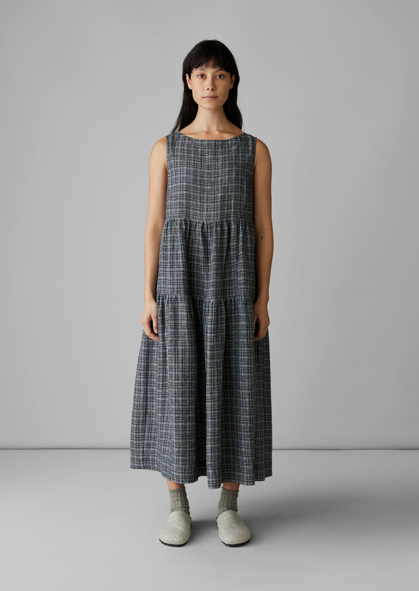 Tiered Asawa Check Linen Dress | Charcoal