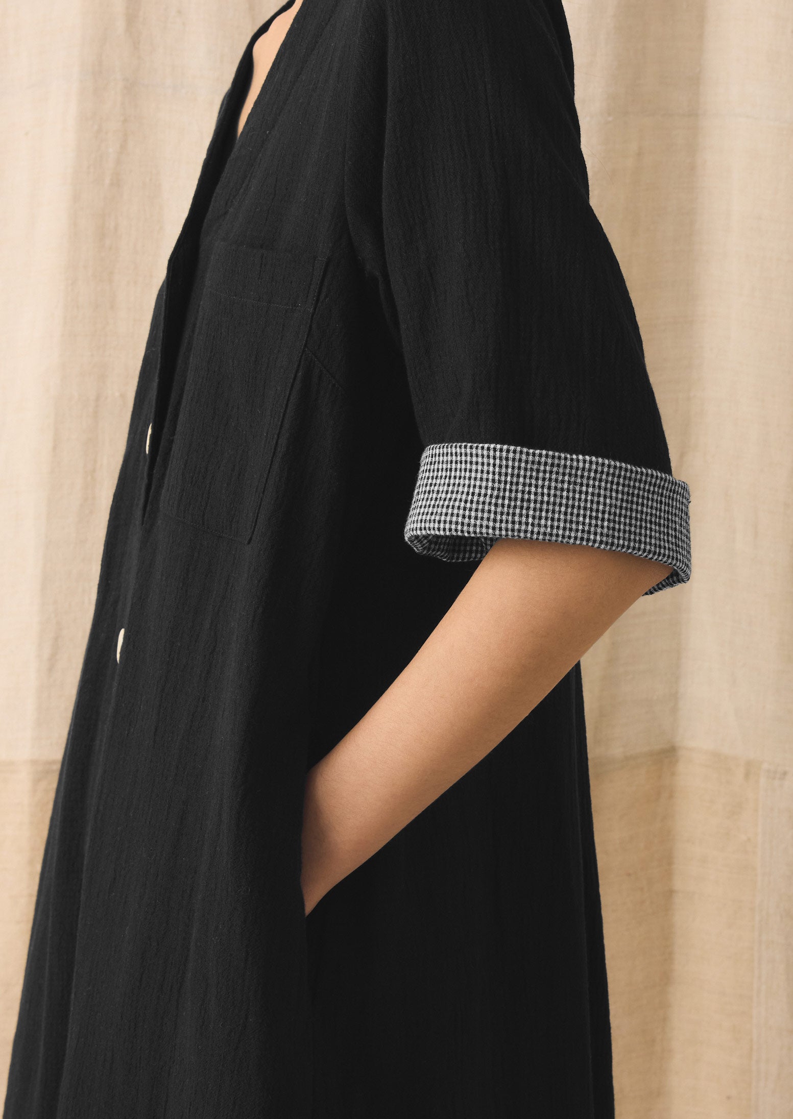 Button Front Crinkle Cotton Dress | Black