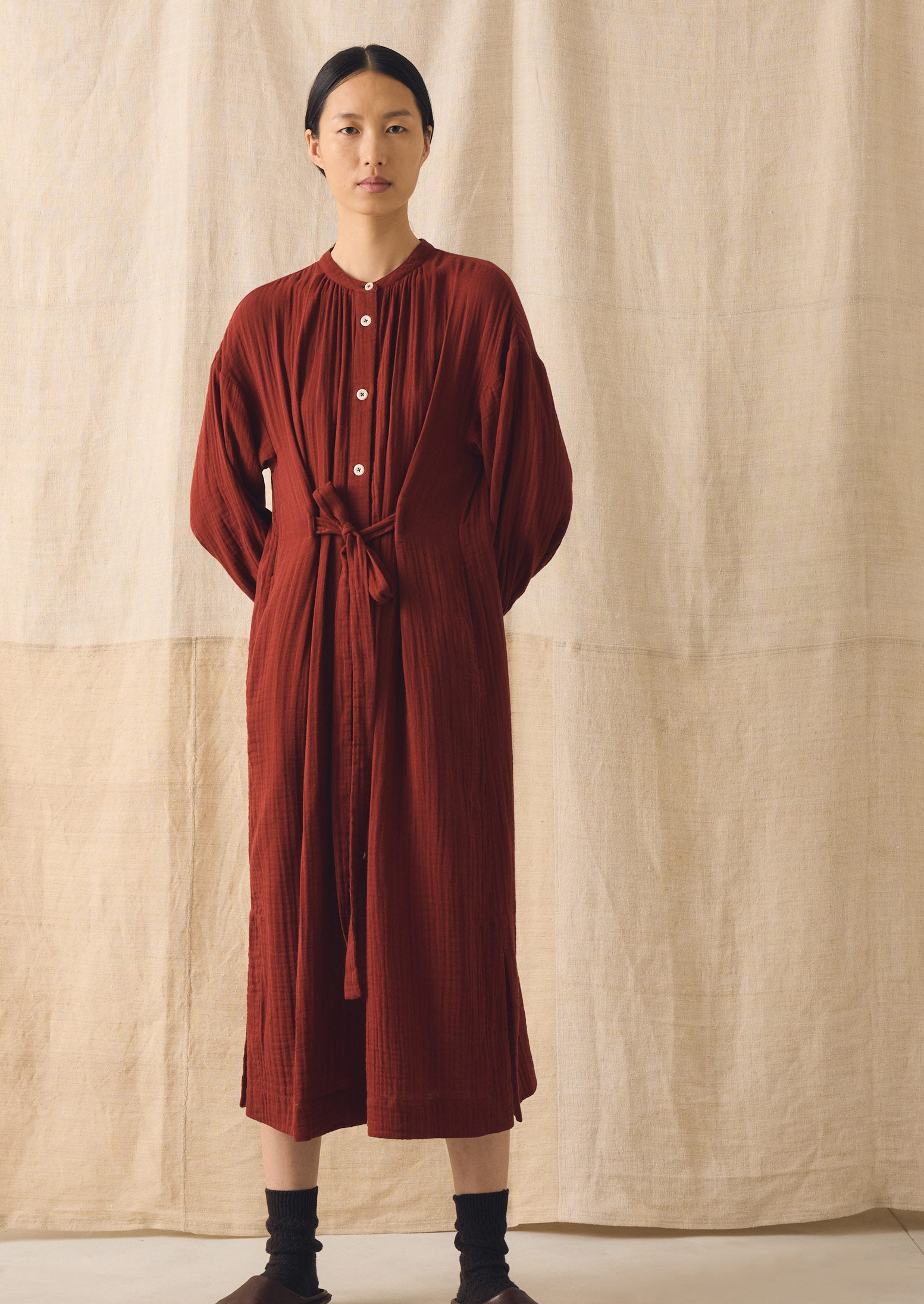 Gathered Crinkle Cotton Gauze Dress | Tomato Red