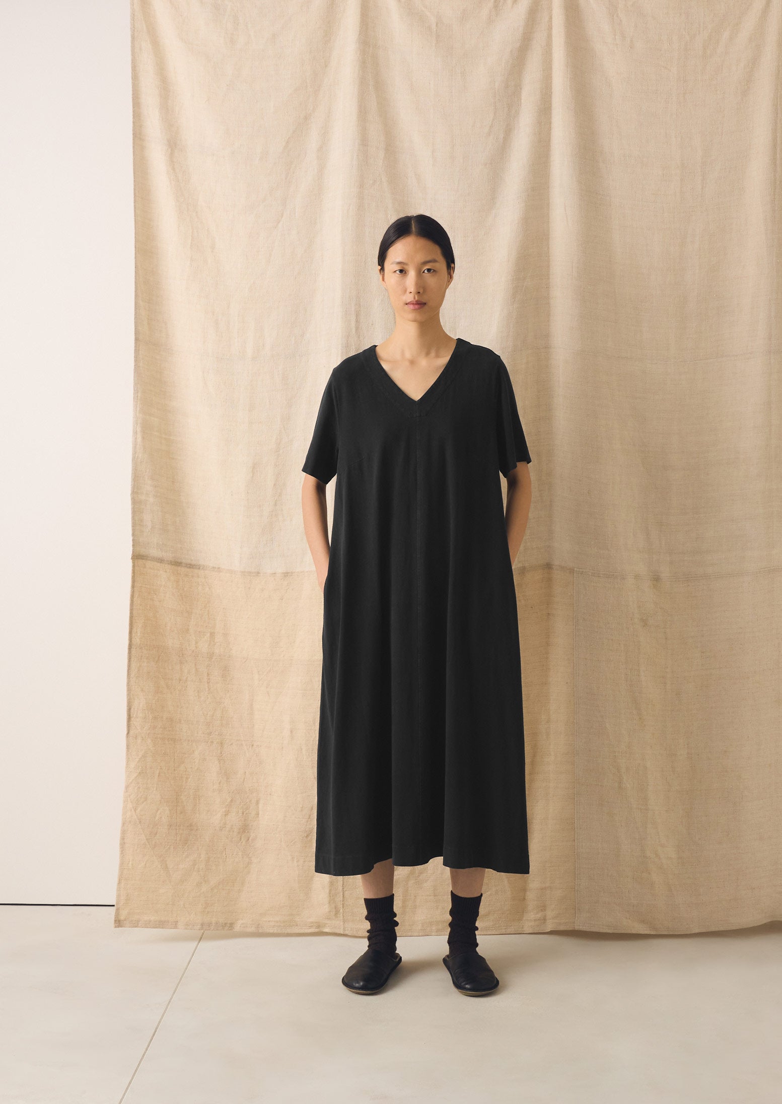Cotton Jersey V Neck Dress | Washed Black