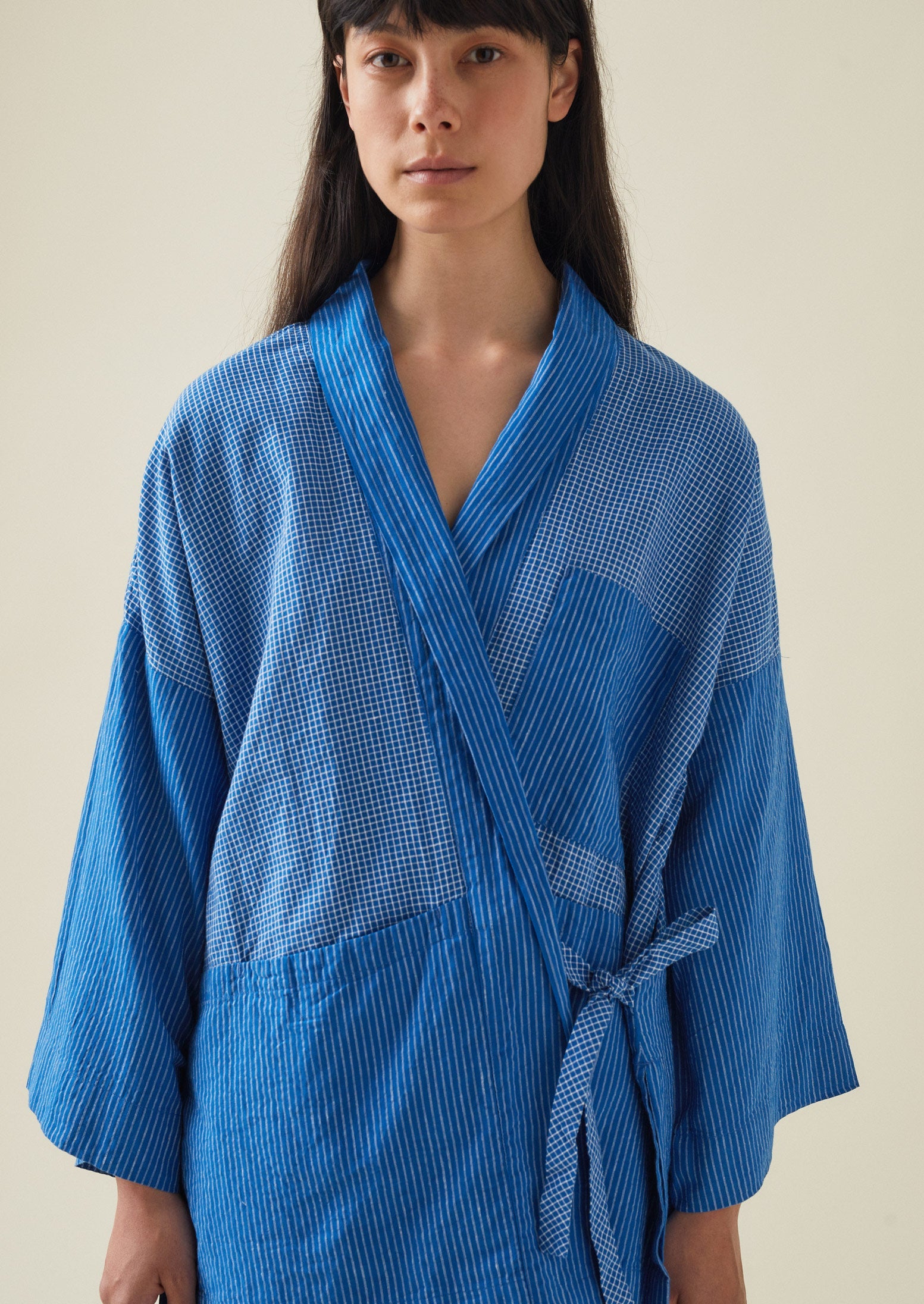 Panelled Stripe Check Jacket | Sapphire/ Ecru