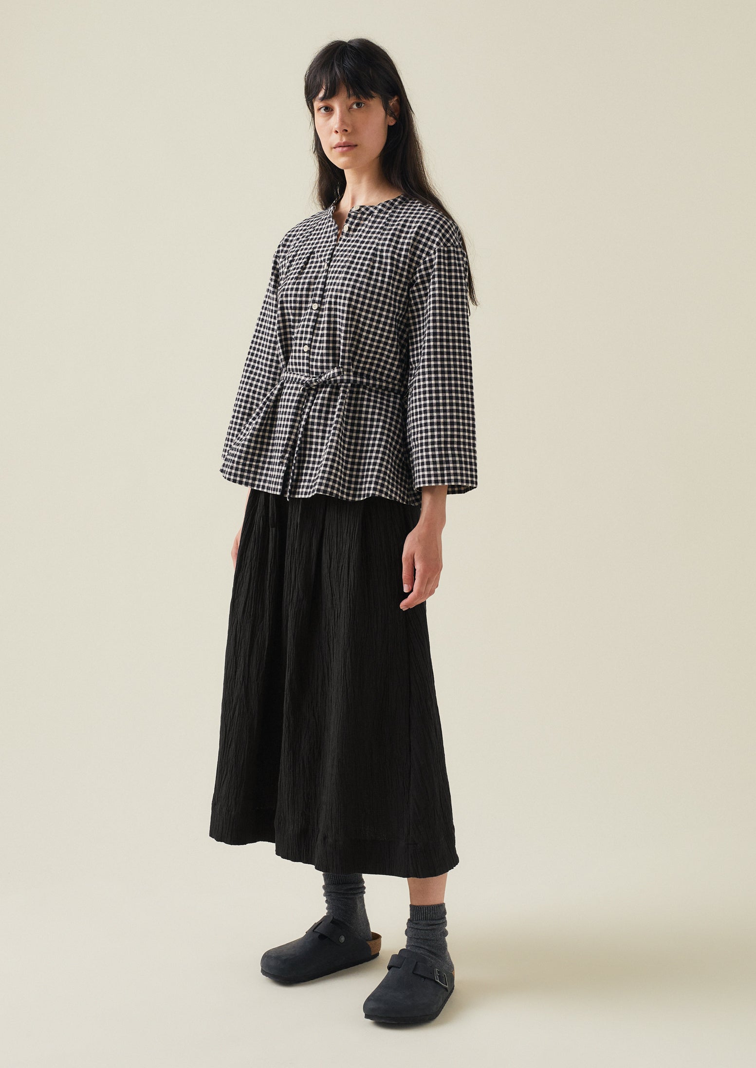 Pintuck Cotton Gingham Top | Charcoal/Natural