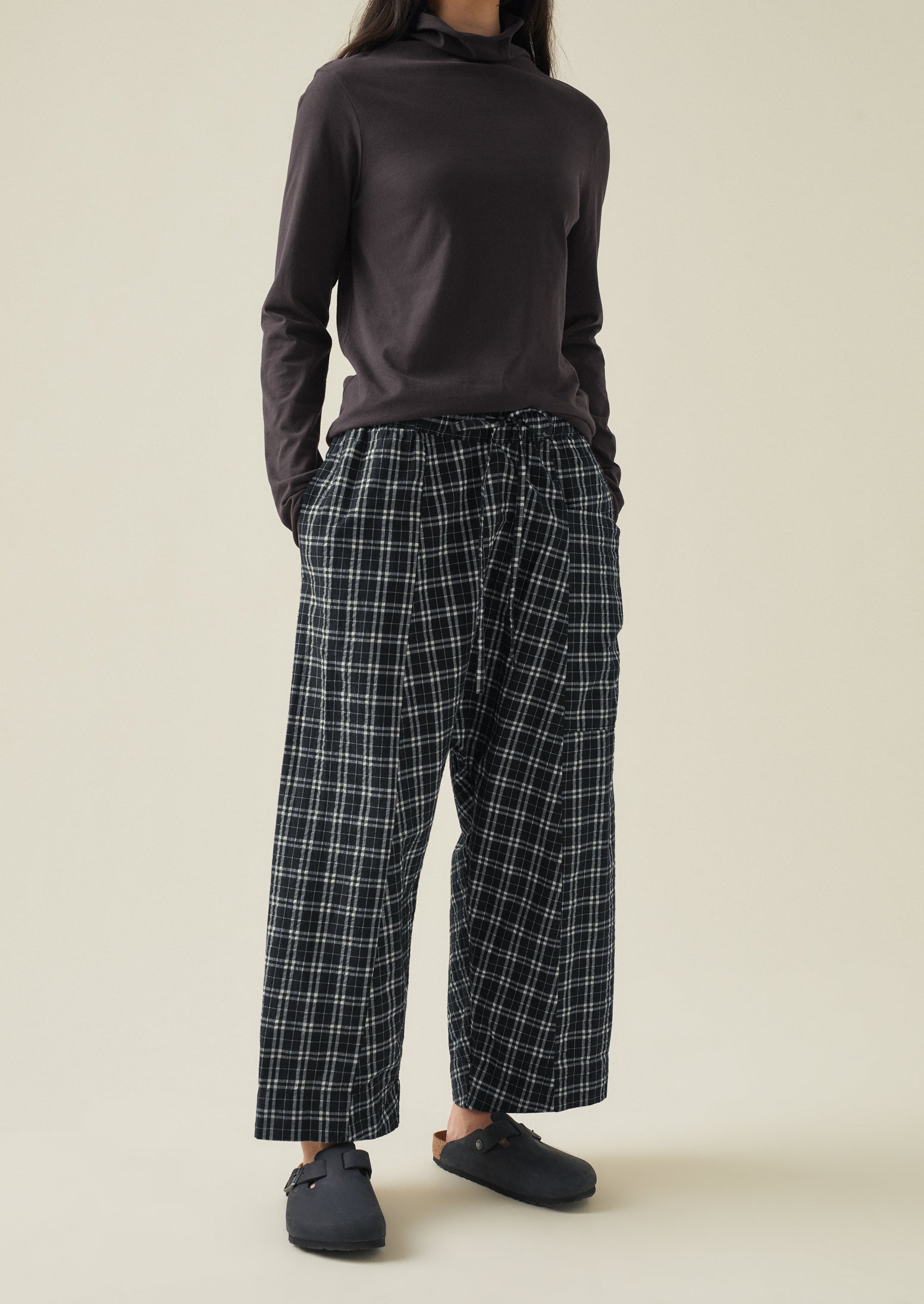 Check Cotton Cashmere Pull On Trousers | Charcoal/Ecru