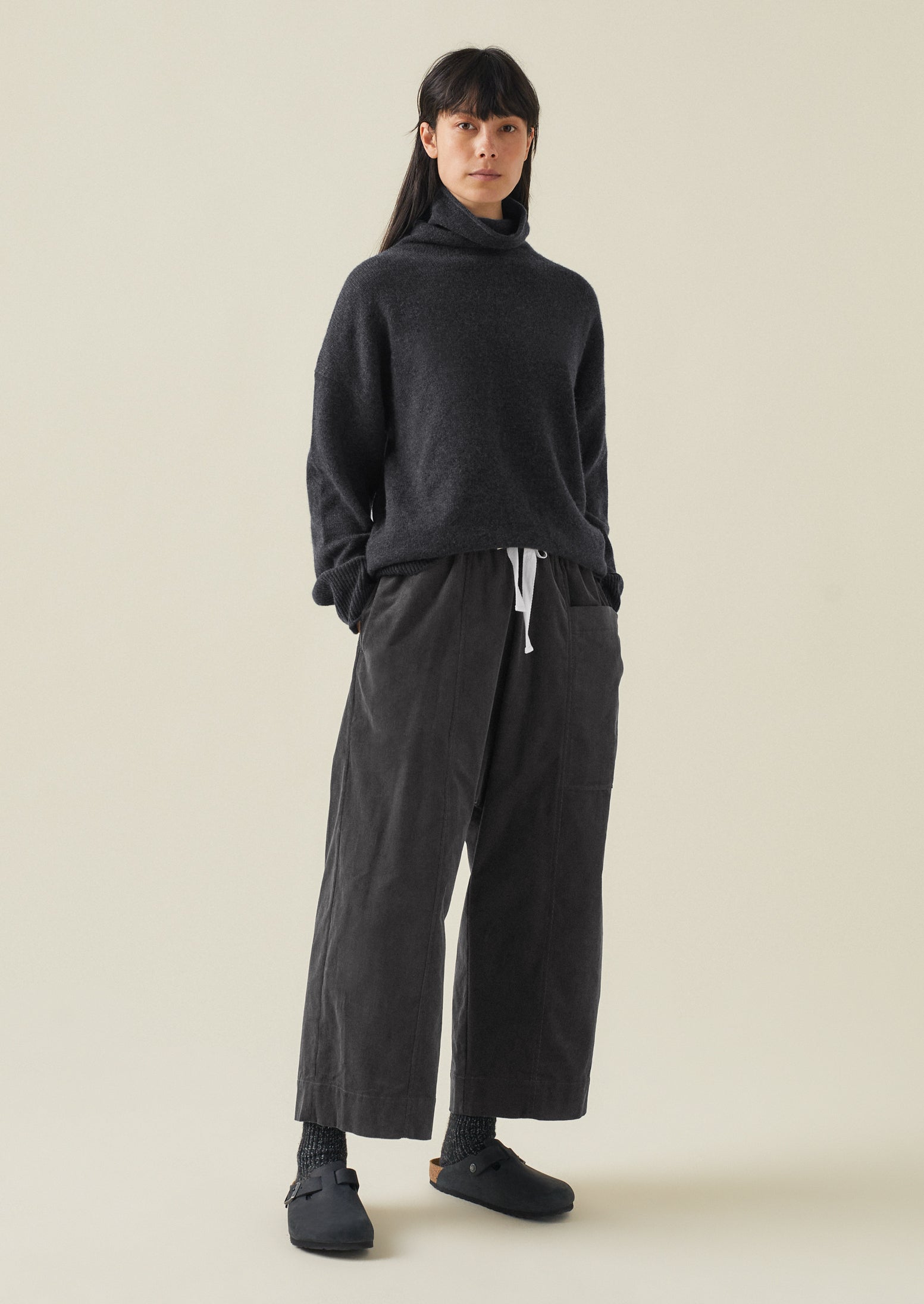 Organic Cord Pull On Trousers | Charcoal