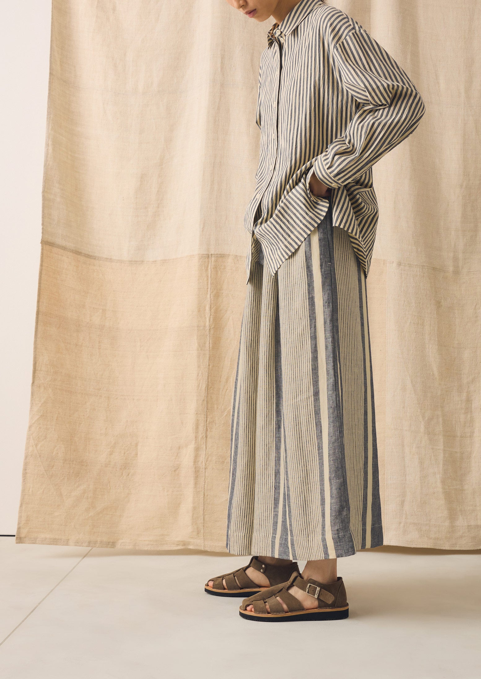 Bolster Stripe Linen Culottes | Washed Denim