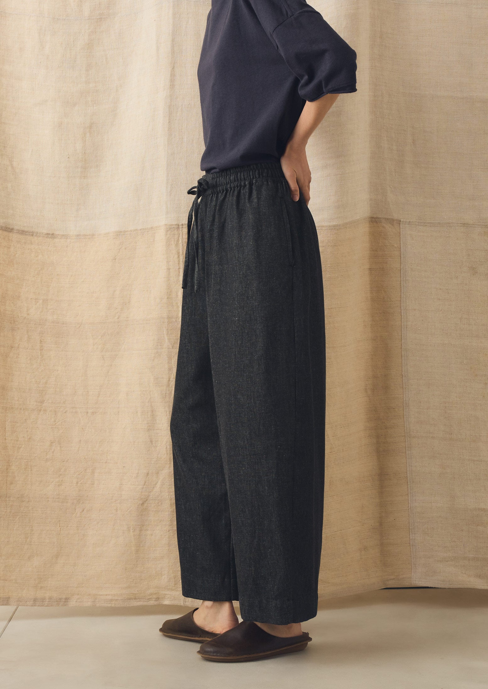 Cotton Twill Wide Leg Pull On Trousers | Charcoal