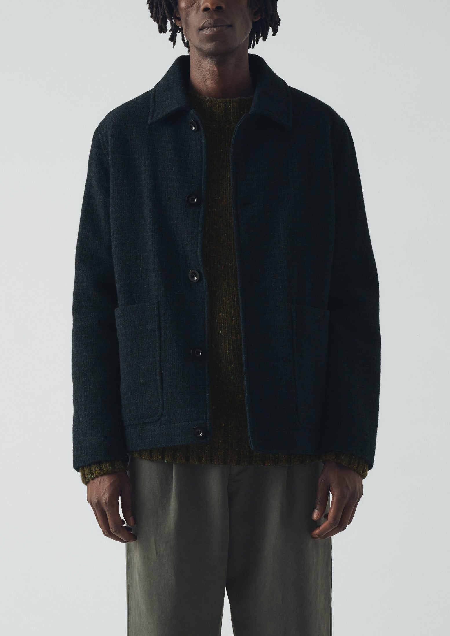 Brick Block Check Wool Chore Jacket | Charcoal/Blue | TOAST