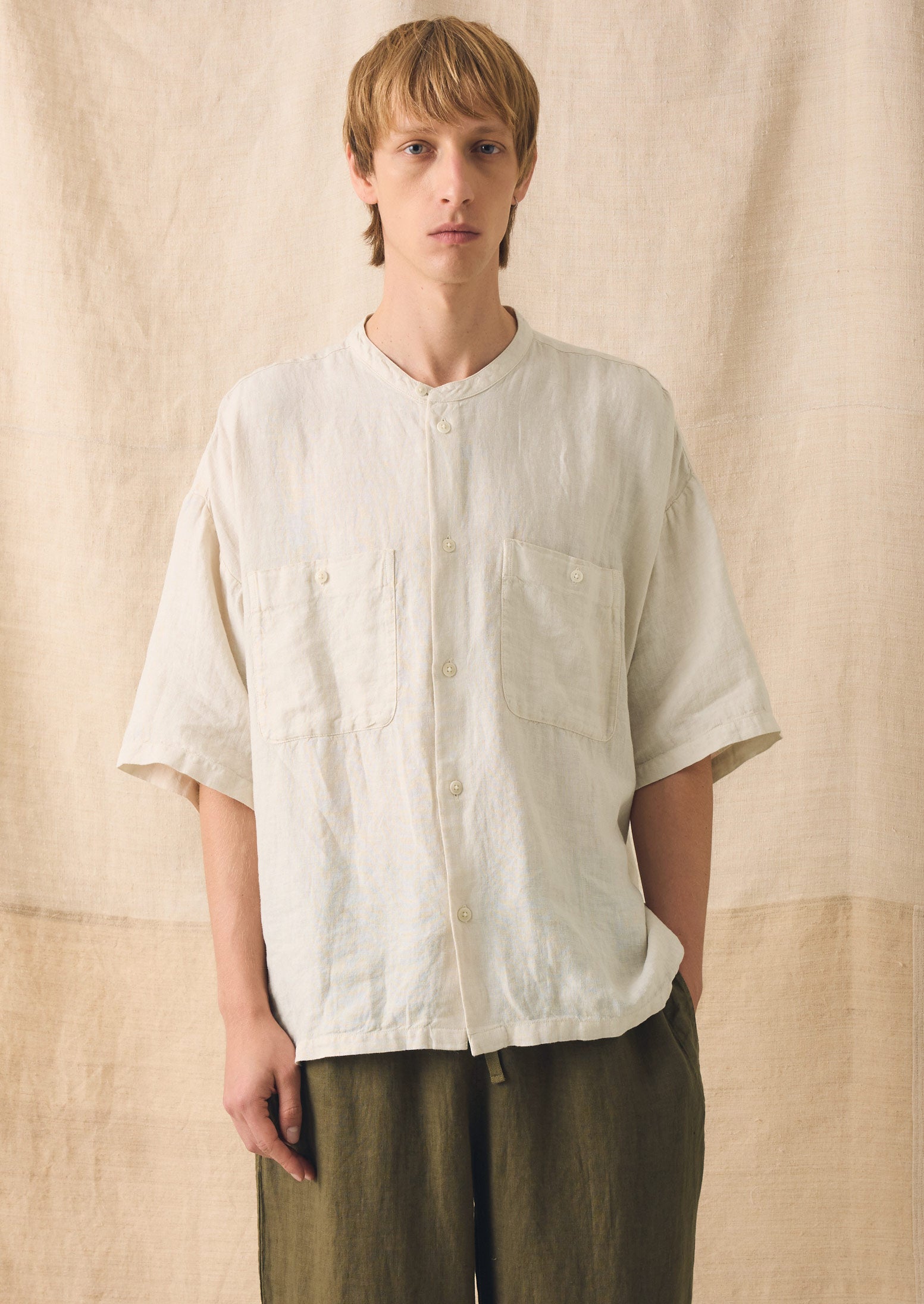 Garment Dyed Linen Grandad Collar Shirt | Oat | TOAST