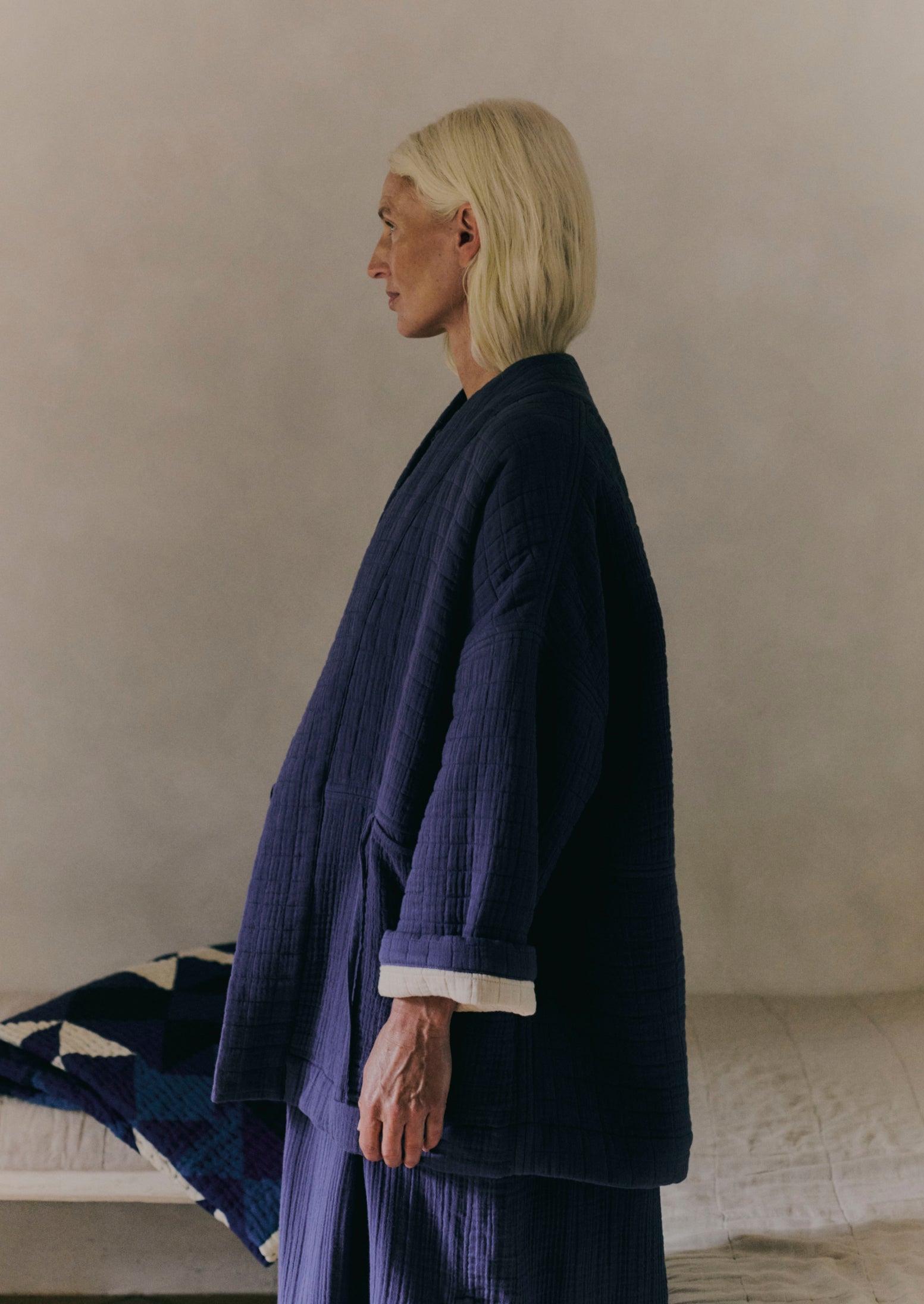 Crinkle Cotton Quilted Lounge Jacket | Shadow Blue/Shell