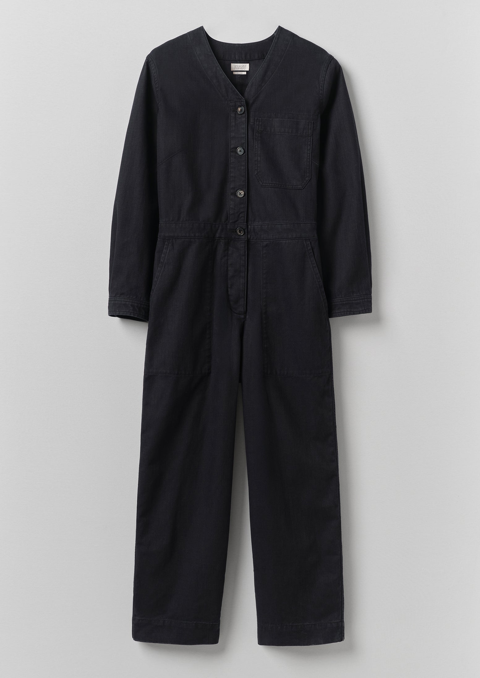 V Neck Cotton Twill Workwear Jumpsuit | Blue Black | TOAST