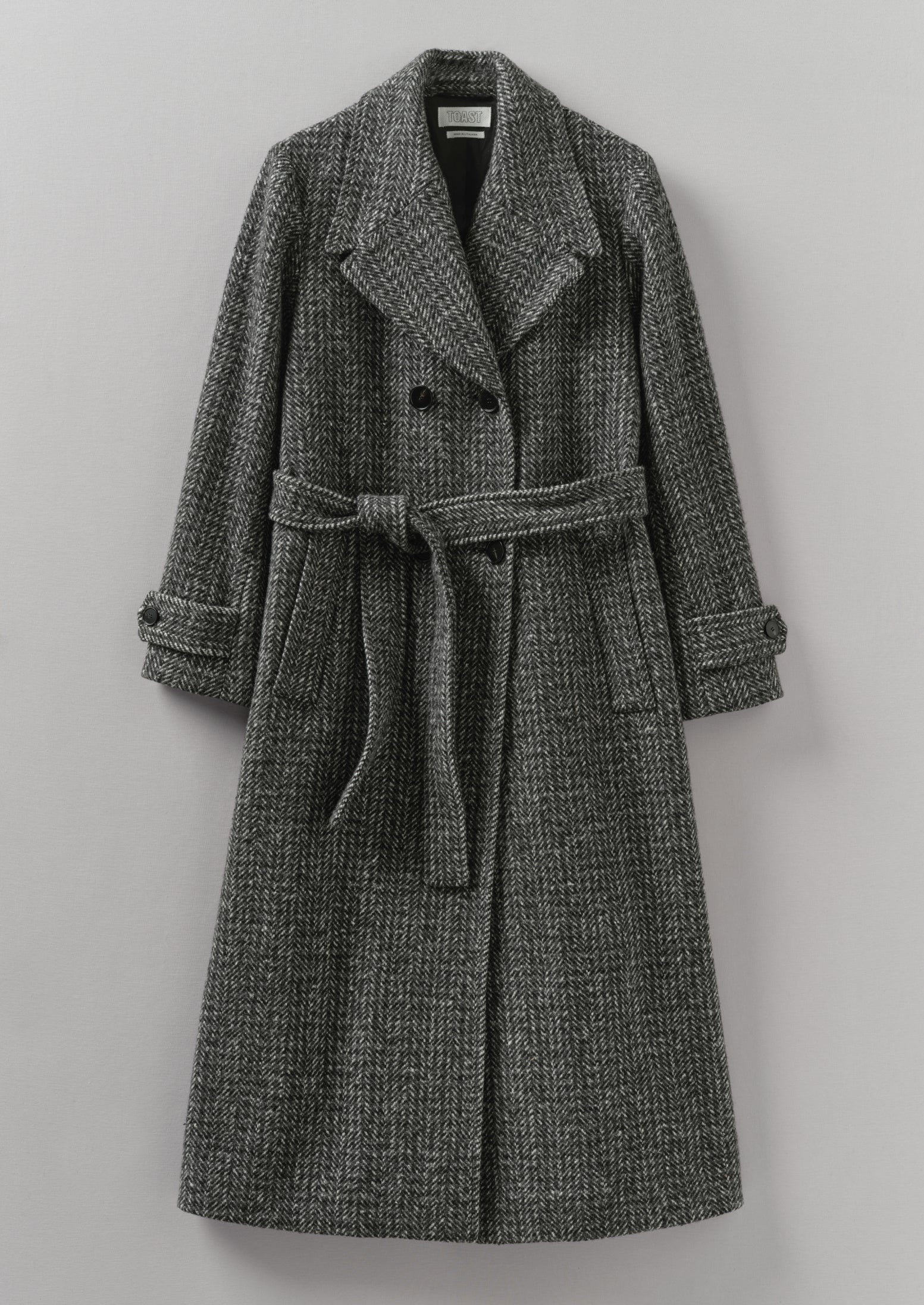 Wool Herringbone Belted Coat Grey Melange - Main Image