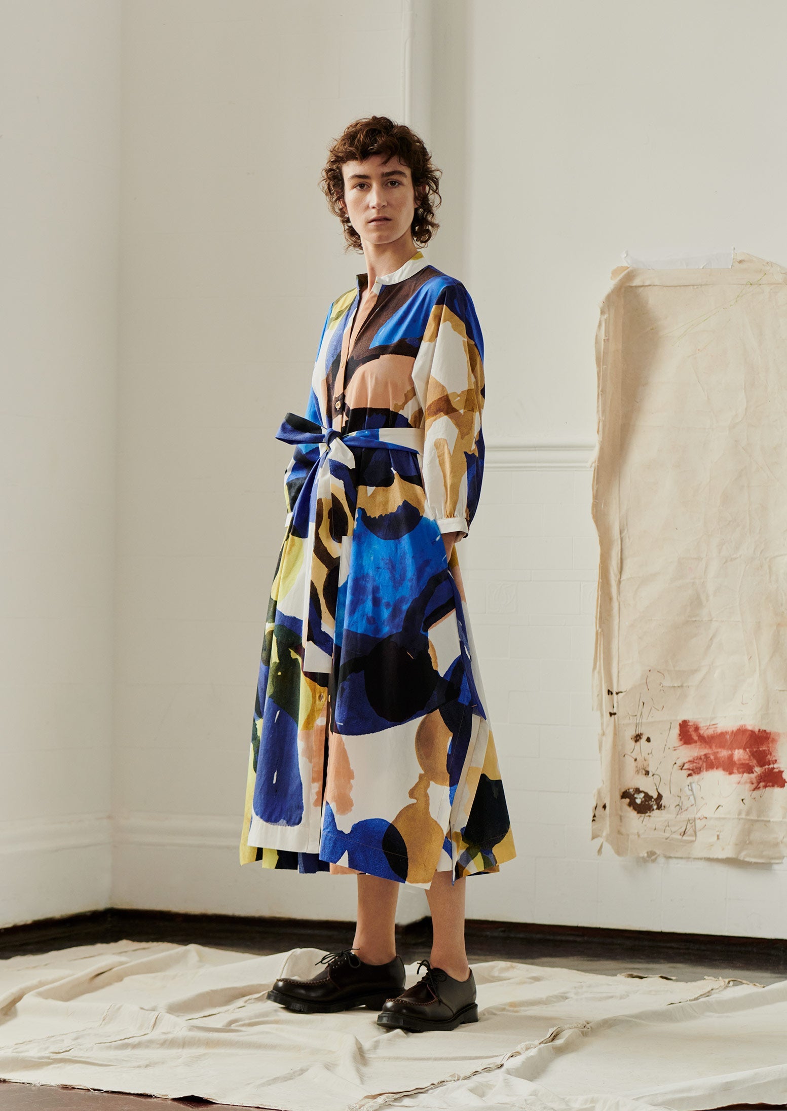 Abstract Paint Organic Cotton Poplin Dress | Woad/Multi