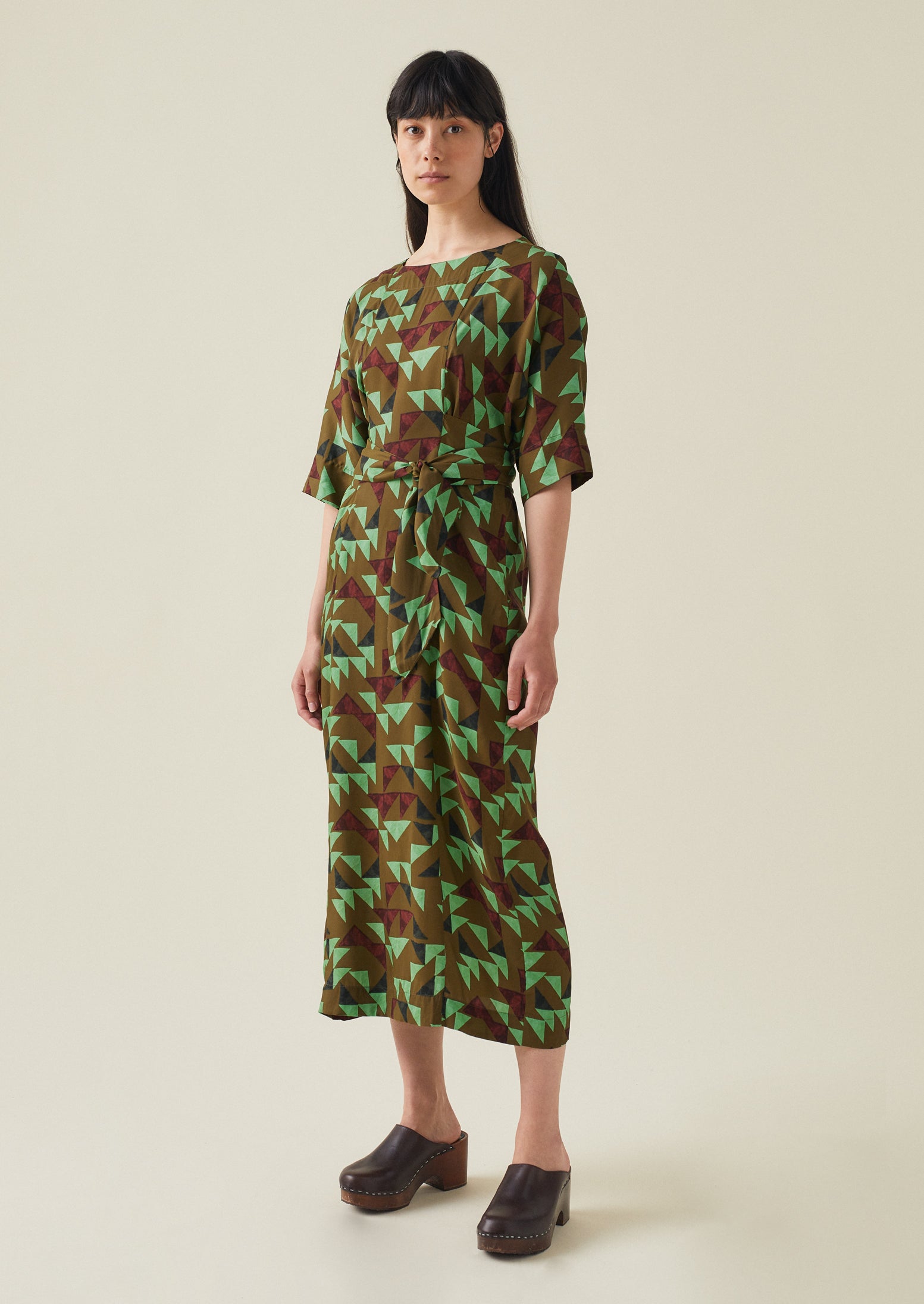Tie Waist Geometric Print Dress | Olive Green