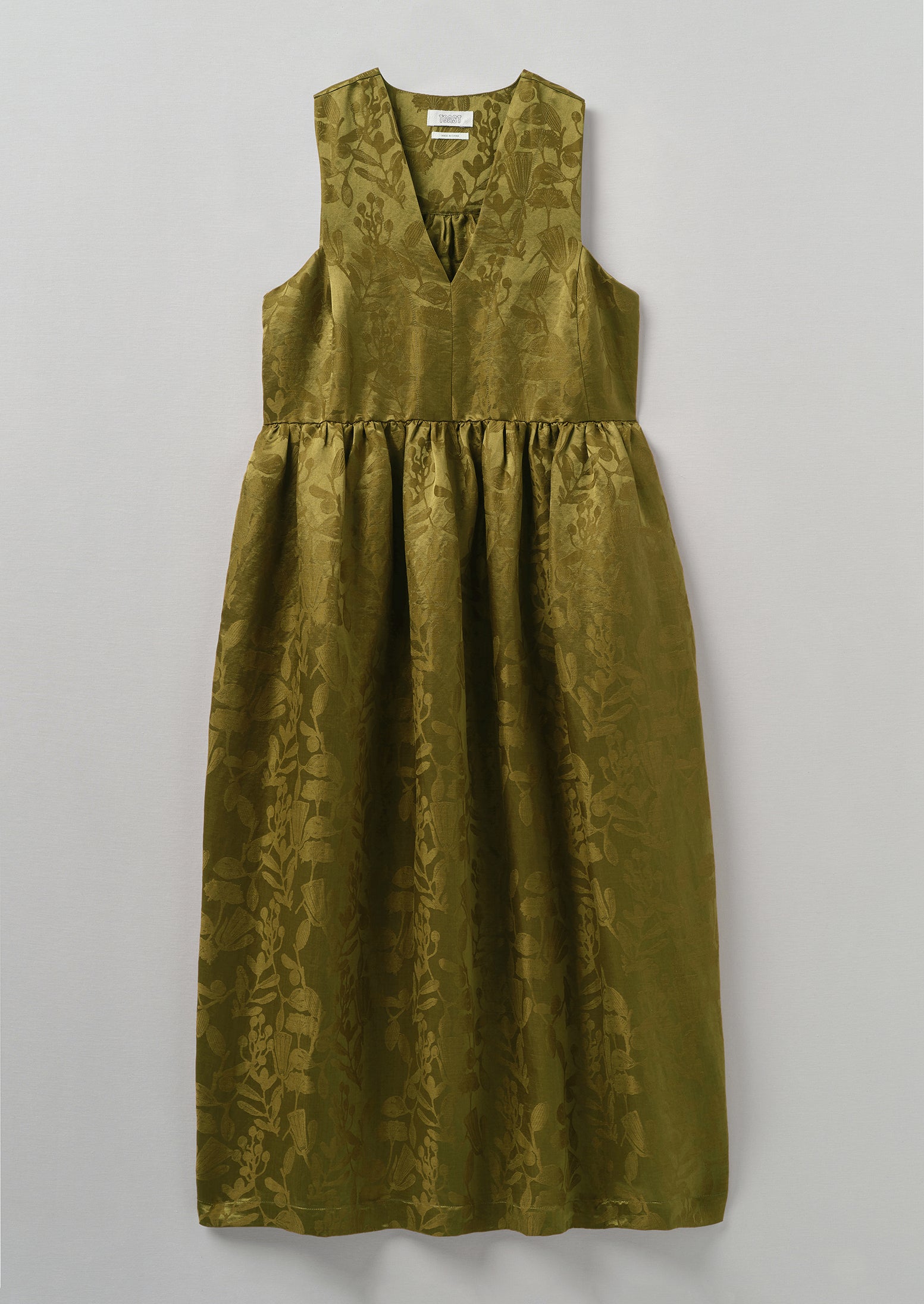Linen Silk Jacquard Sleeveless Dress, Rich Olive