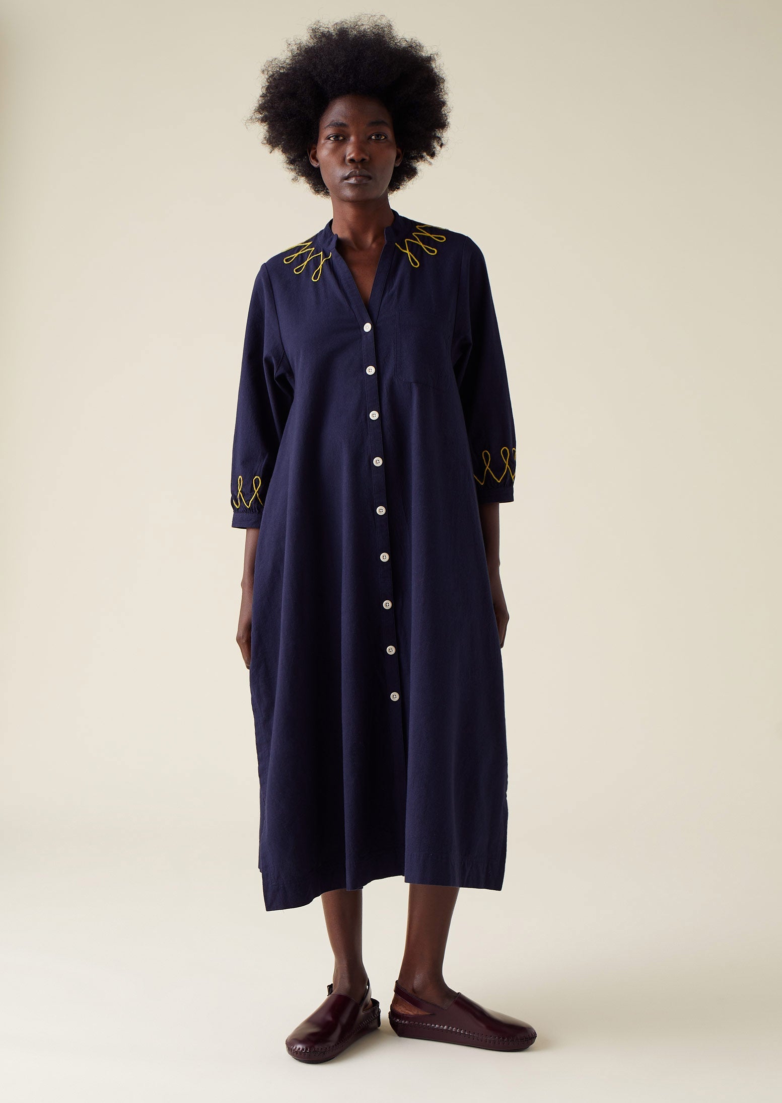 Embroidered Textured Cotton Dress | Anthracite