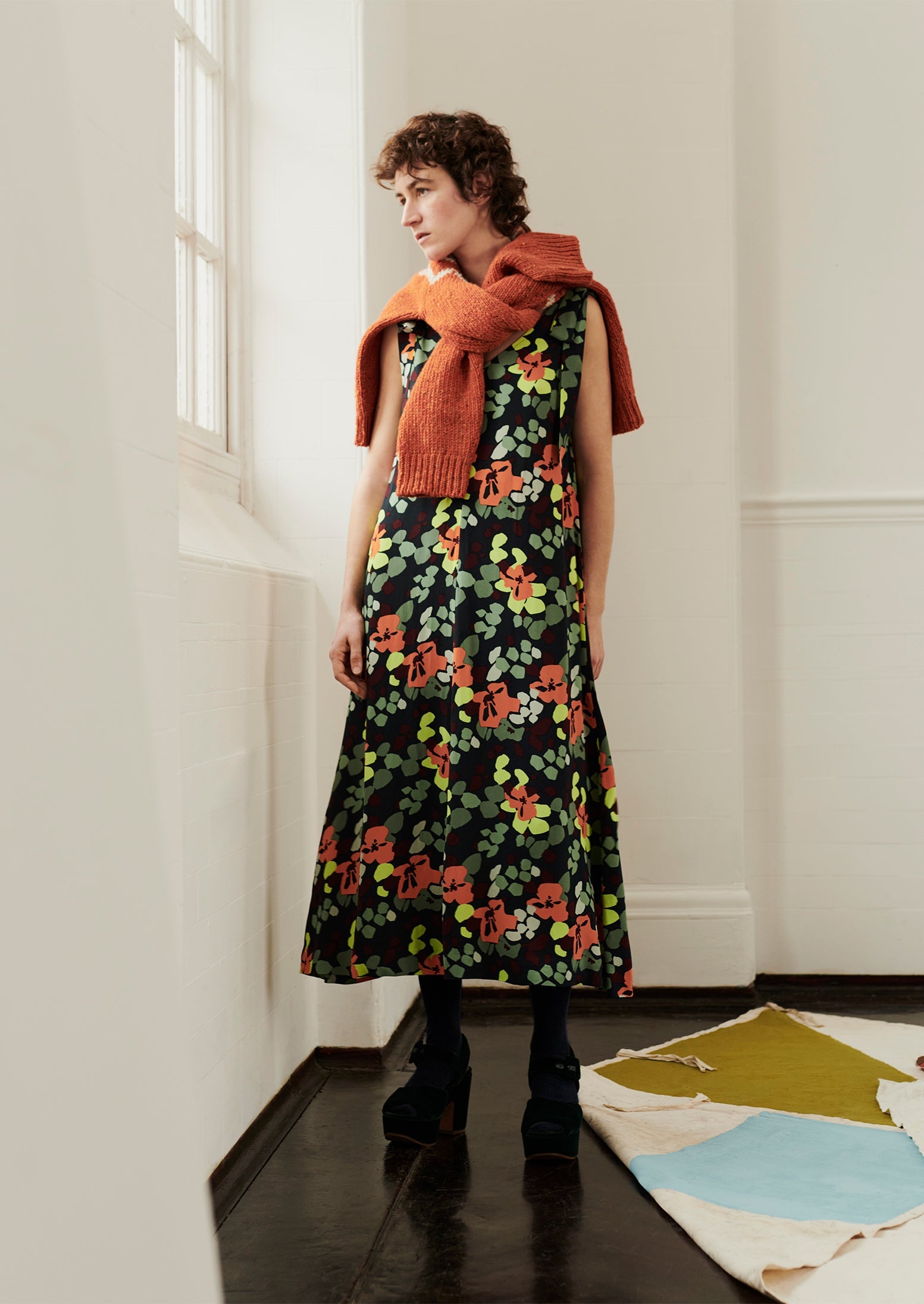 Tie Shoulder Harlequin Flower Print Dress