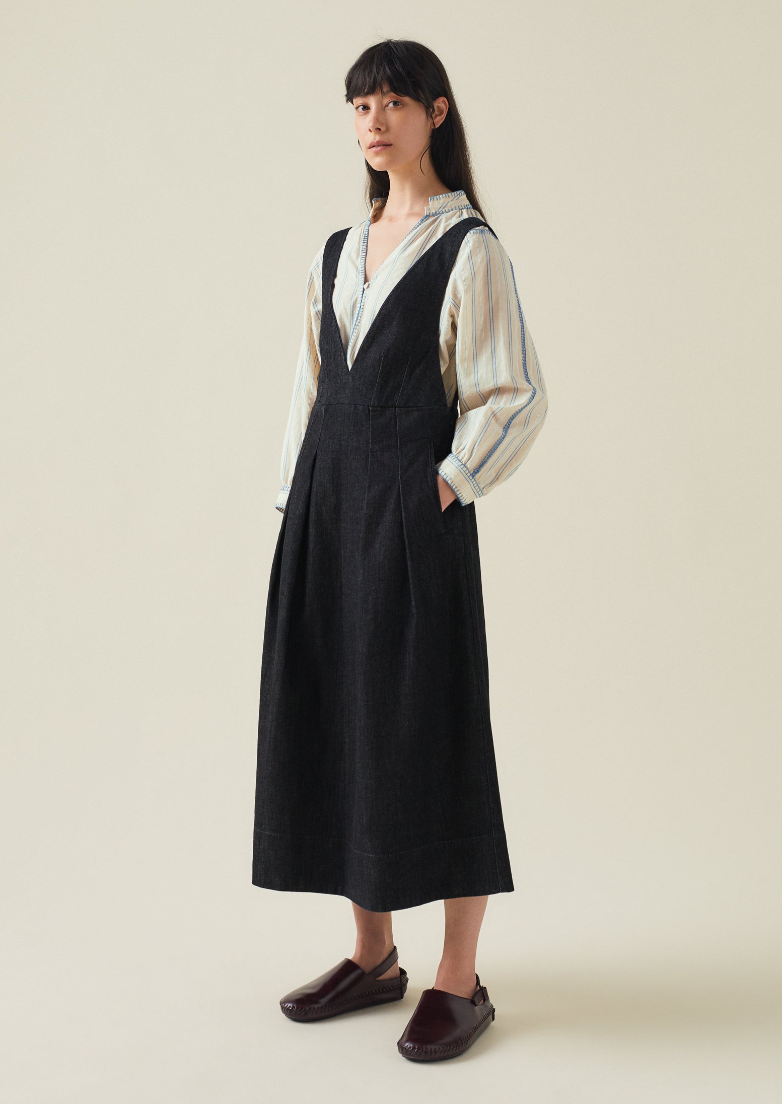 V-Neck Organic Indigo Denim Pinafore Dress | Indigo