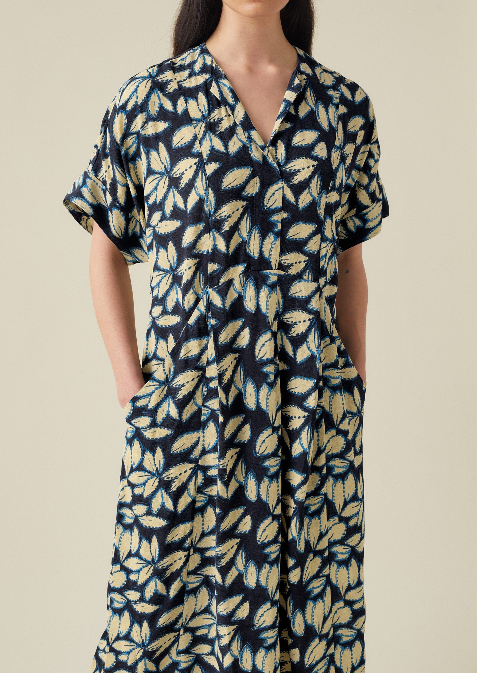 Bryn Painterly Leaf Print Dress | Flax Blue