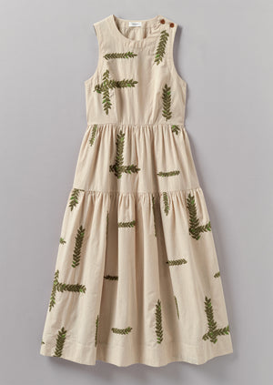 Leaf Embroidered Stripe Poplin Dress | Garden Leaf