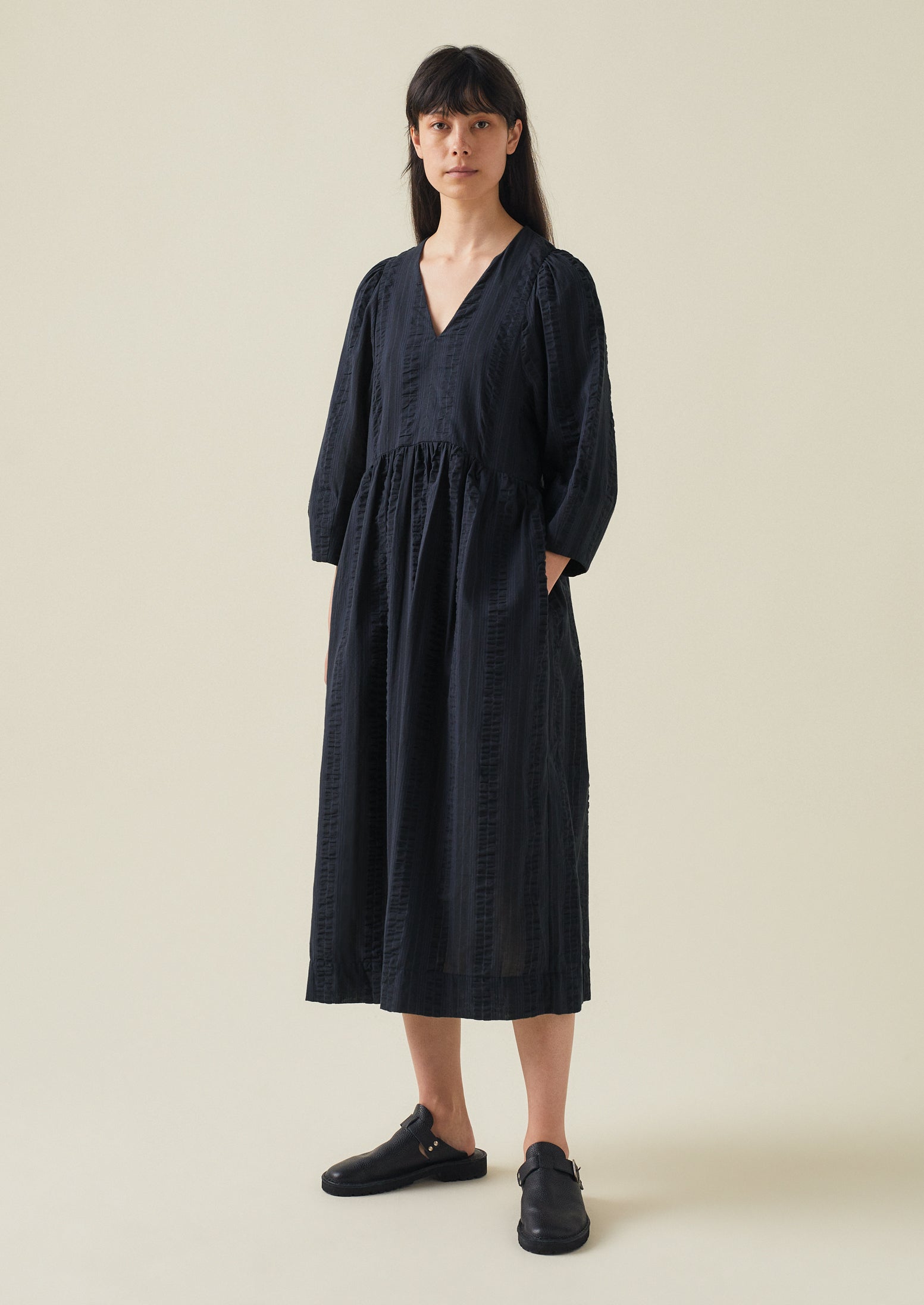 Maya Stripe Cotton Seersucker Dress | Navy Blue