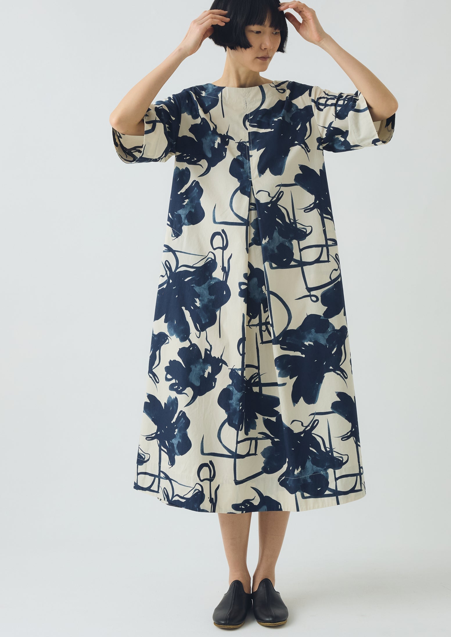 Pen And Ink Print Cotton Poplin Dress | Ink Blue