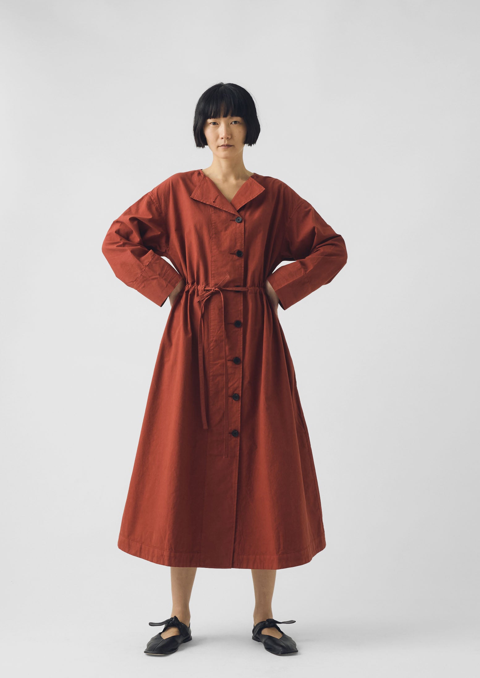 Button Through Cotton Linen Poplin Dress | Brick