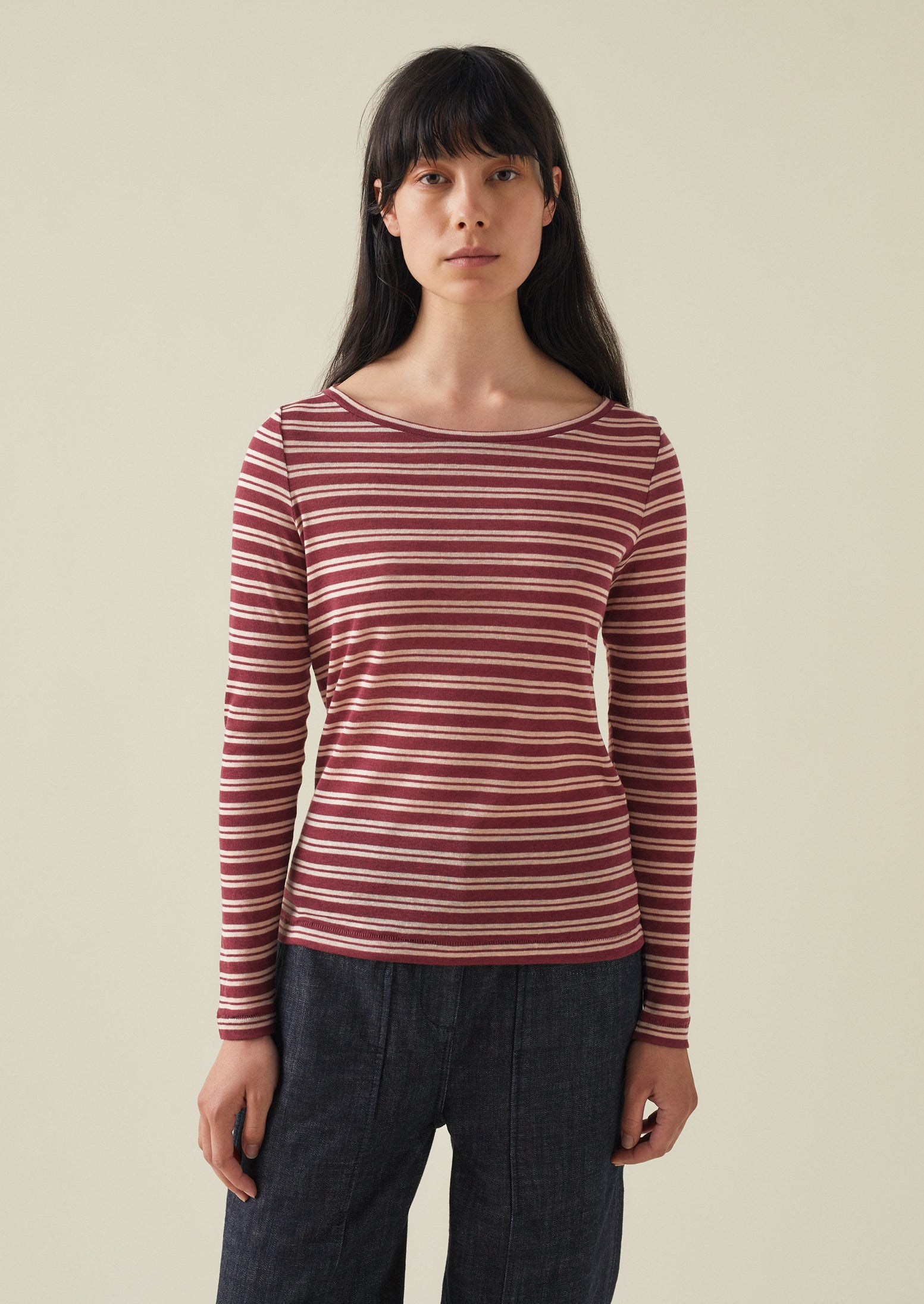 Boat Neck Stripe Wool Tencel Tee | Elderberry/Mallow