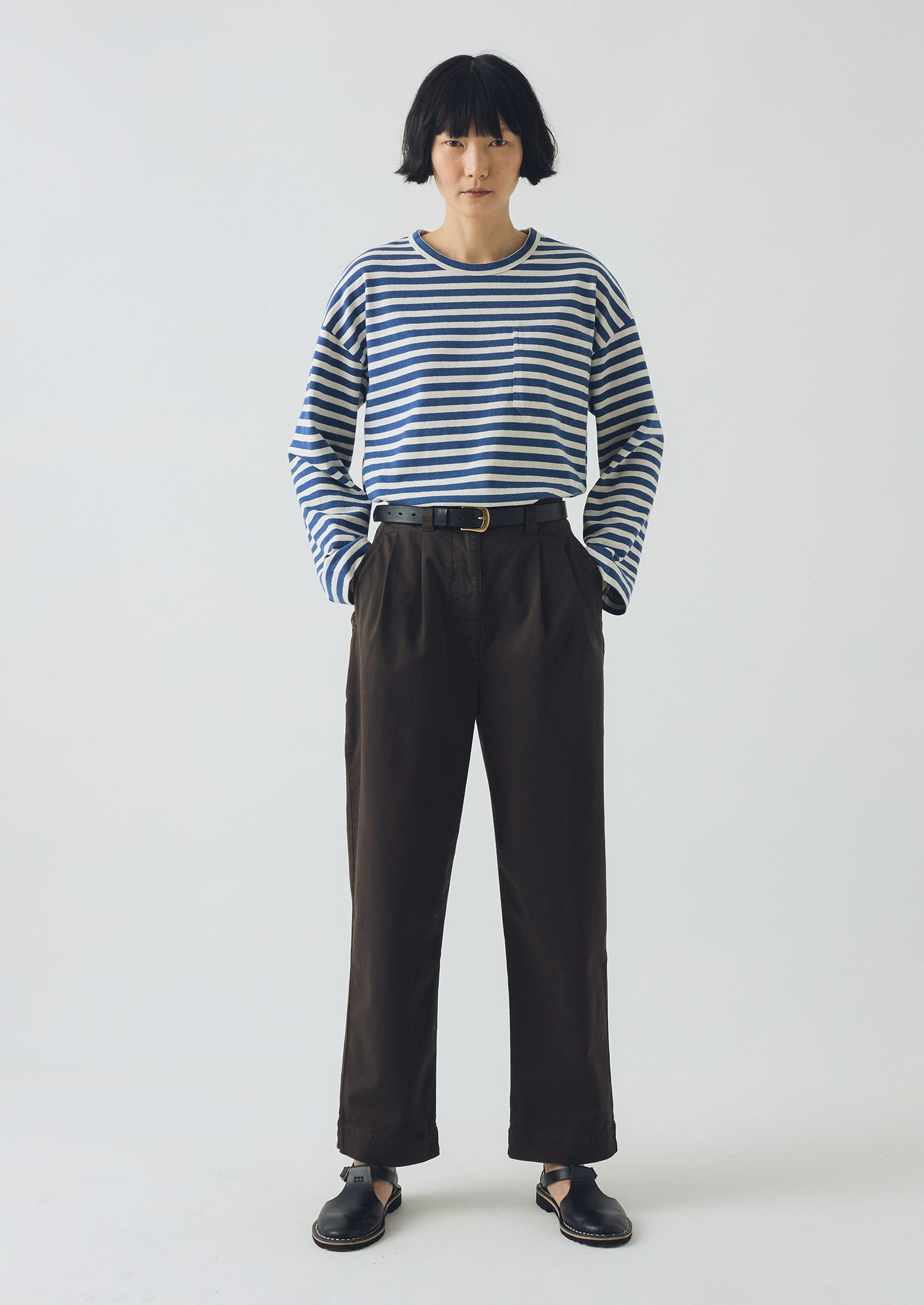 Bold Stripe Cotton Long Sleeve Tee | Delft/Ecru