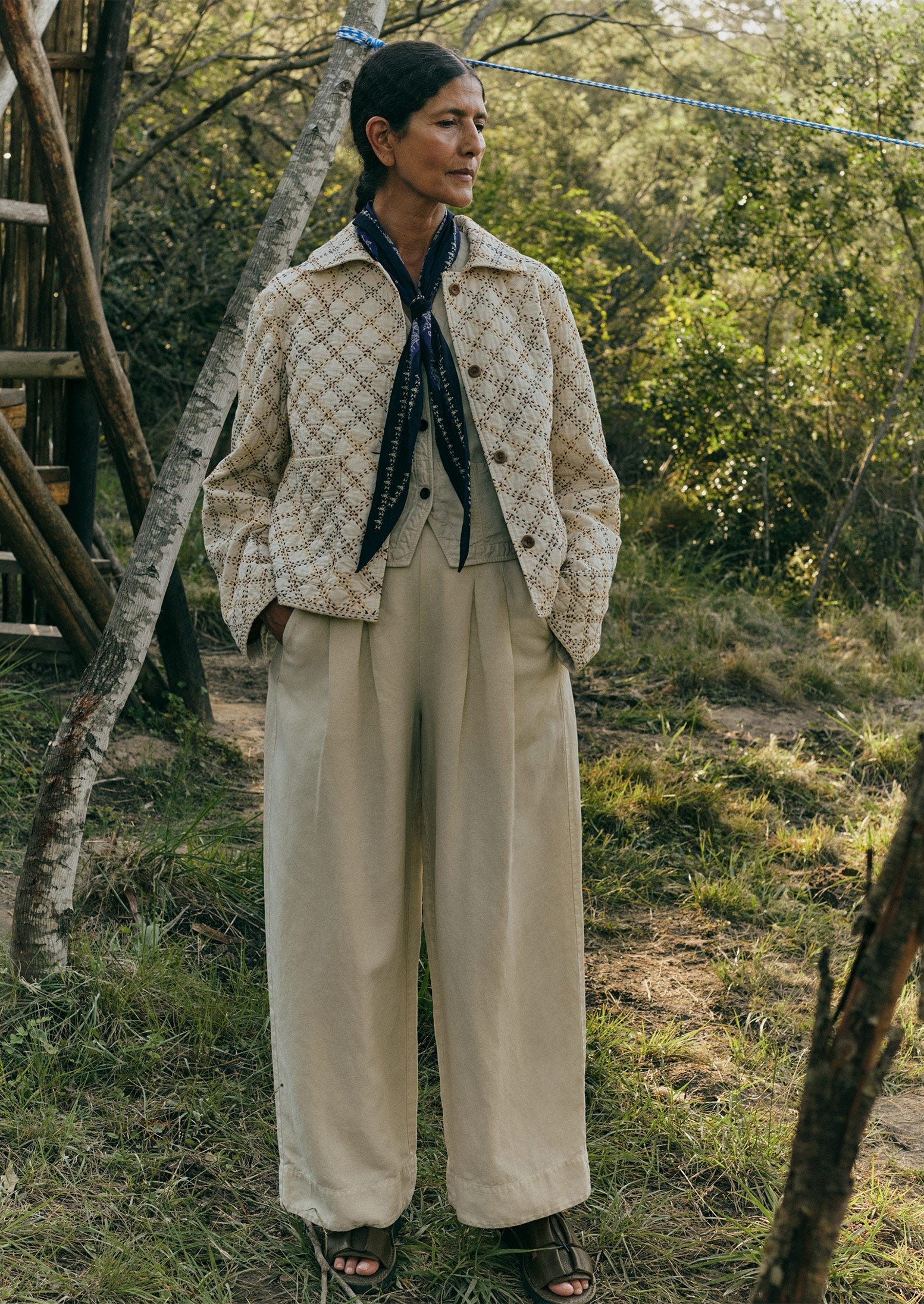 Hand Stitched Check Cotton Jacket | Ecru/Multi