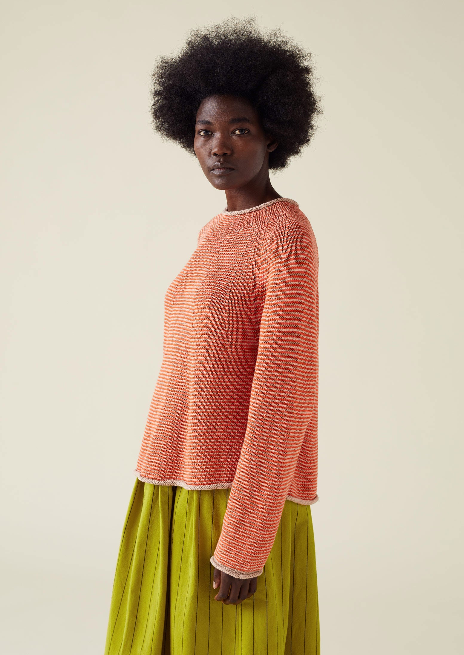 Stripe Linen Cotton Sweater | Orange/Ecru