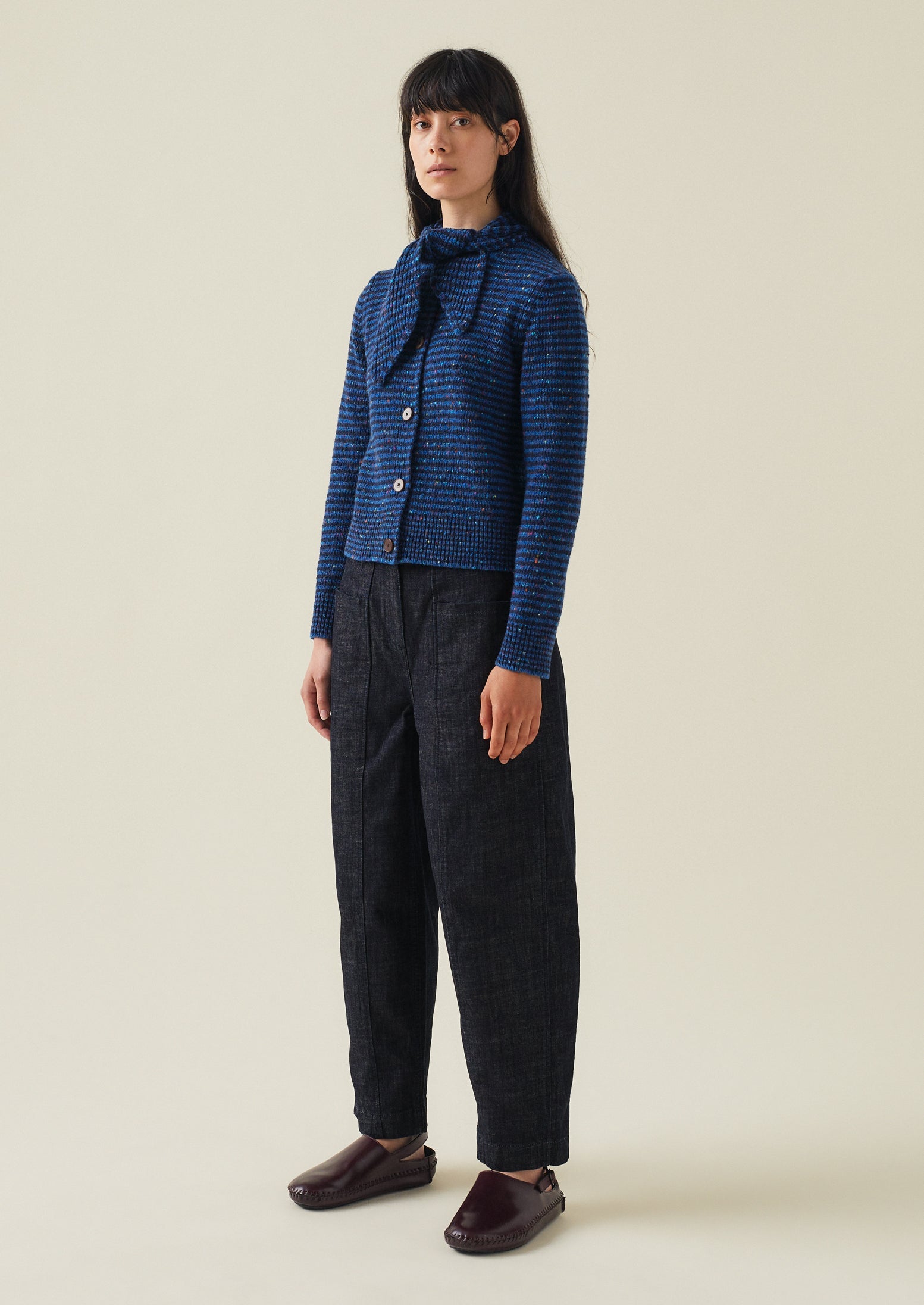 Tie Neck Stripe Donegal Cardigan | Blue Multi