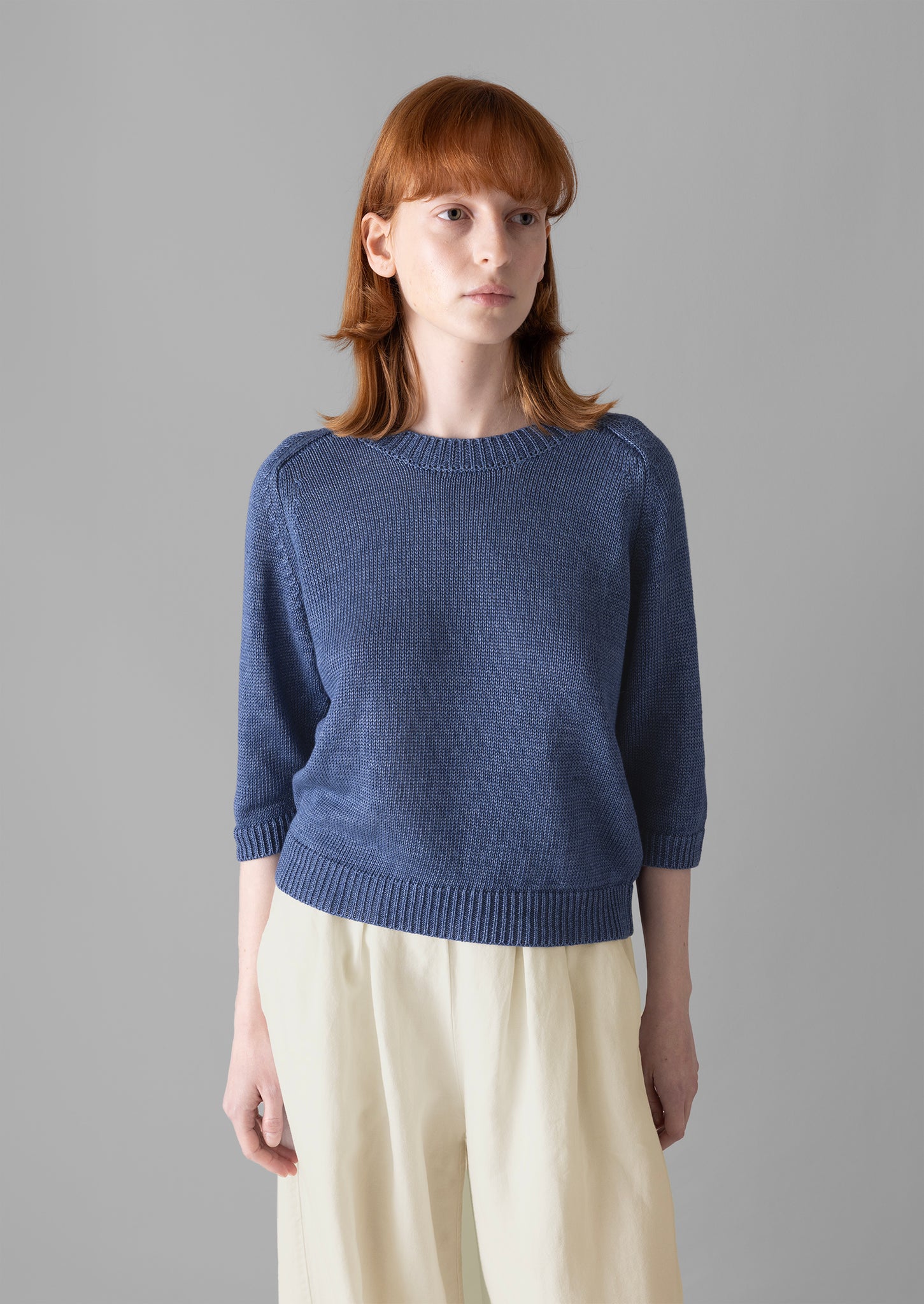 Cropped Sleeve Linen Sweater | Denim Blue