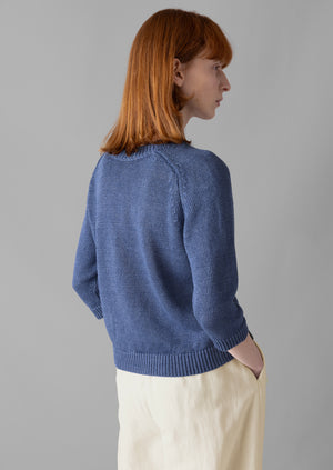 Cropped Sleeve Linen Sweater | Denim Blue