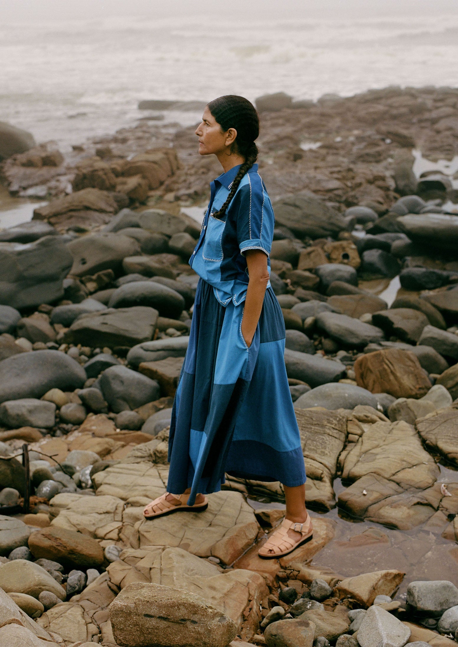 Cotton Gathered Patchwork Skirt | Mixed Blues