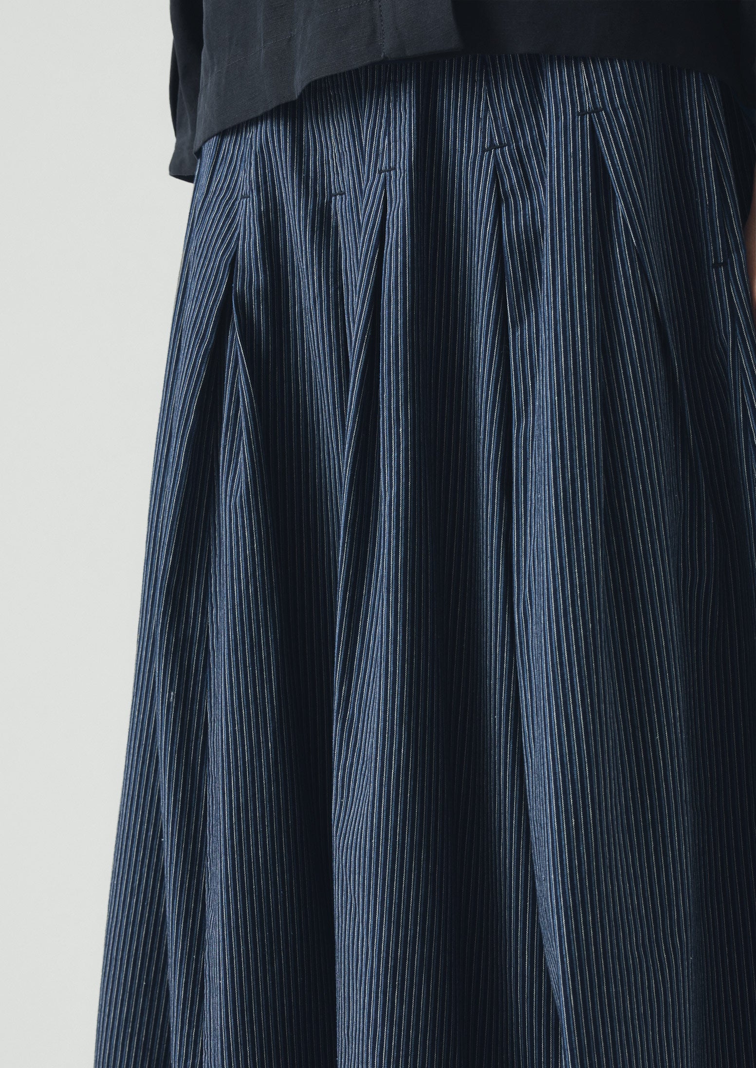 Railroad Stripe Pleated Cotton Skirt | Denim Blue