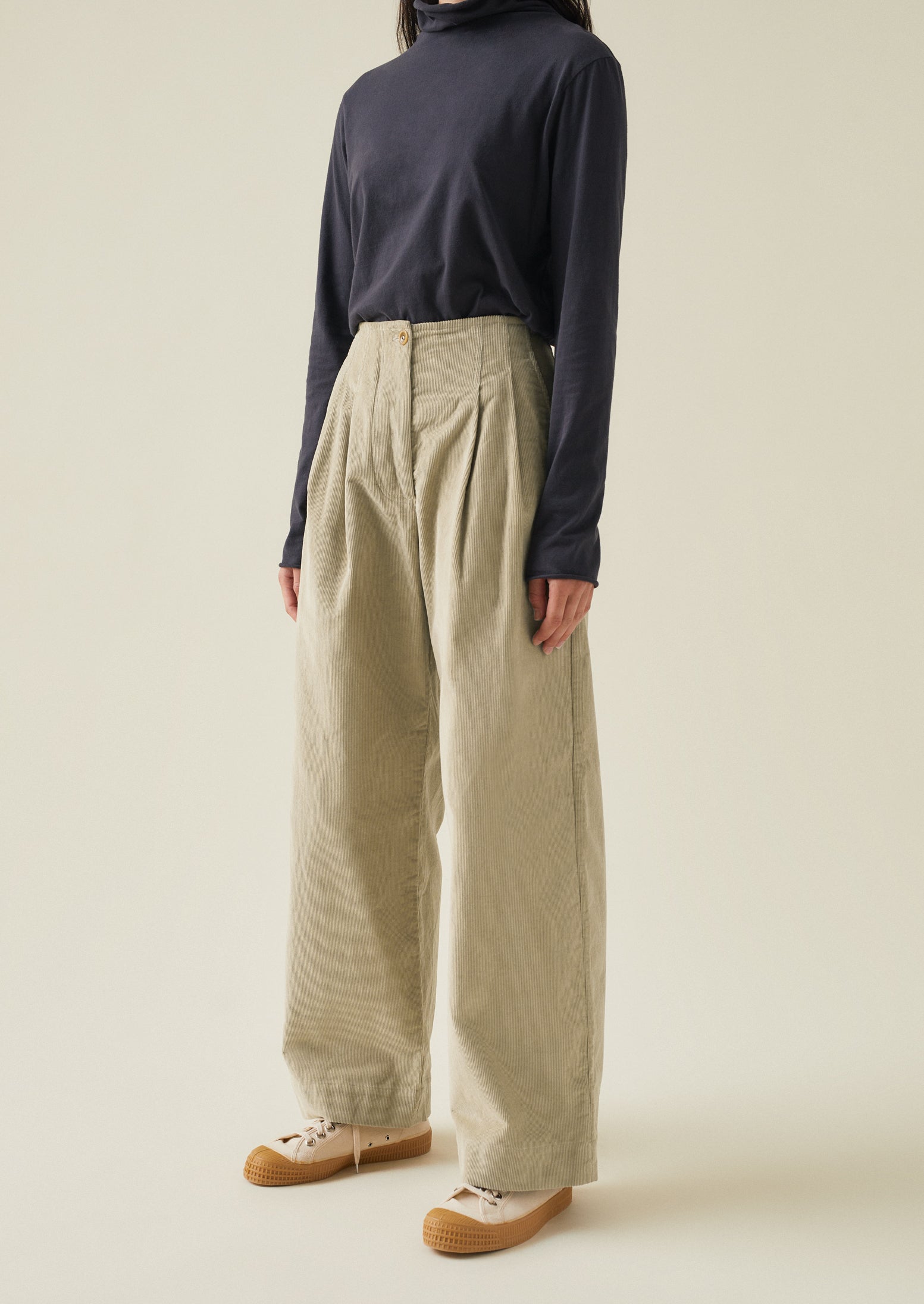 Pleated Organic Soft Cord Trousers | Stone