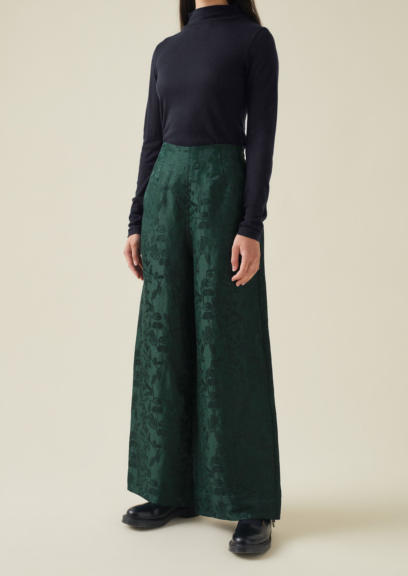 Linen Silk Jacquard Trousers | Lapis Green