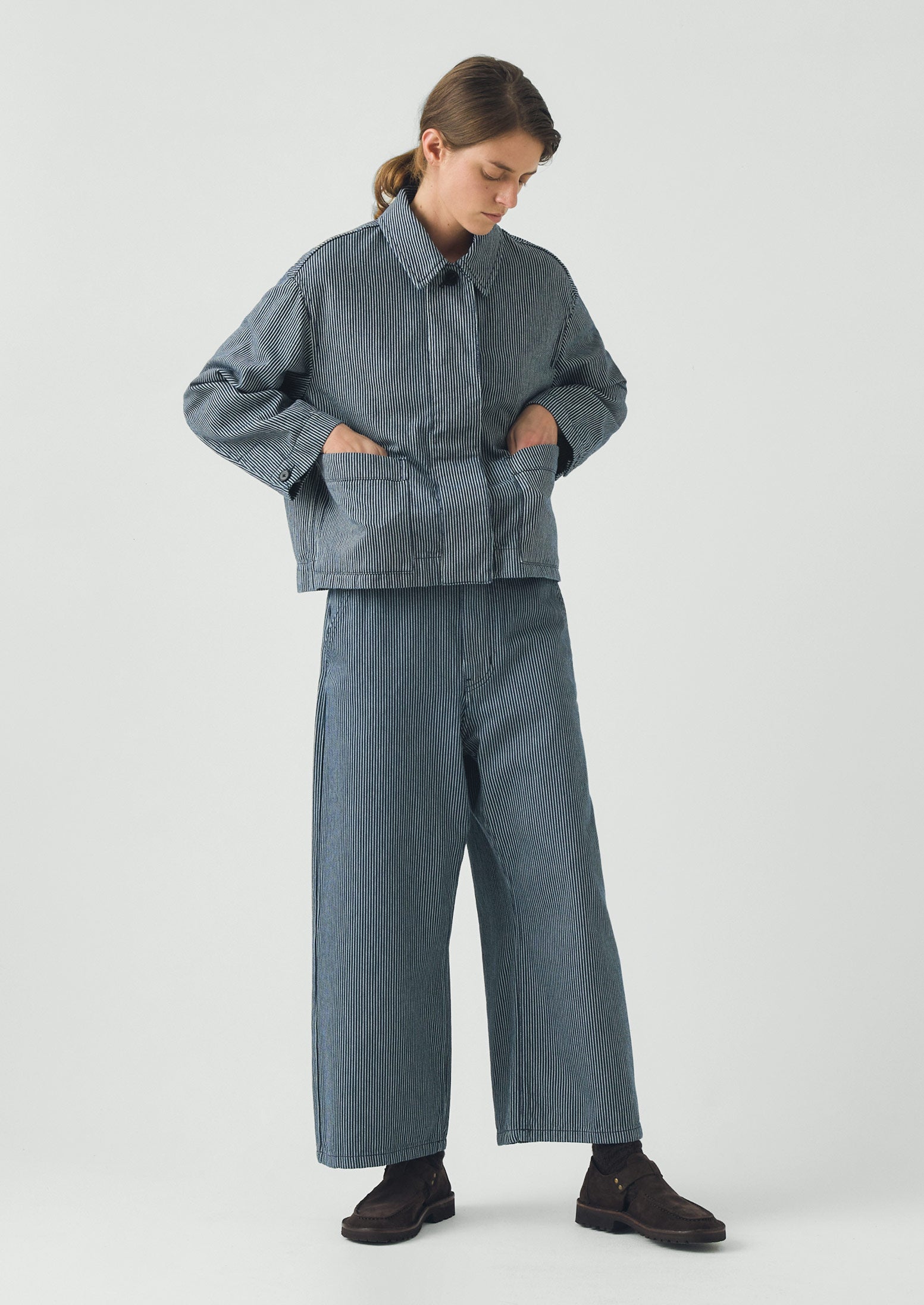 Hickory Stripe Denim Wide Leg Trousers | Ecru/Indigo | TOAST
