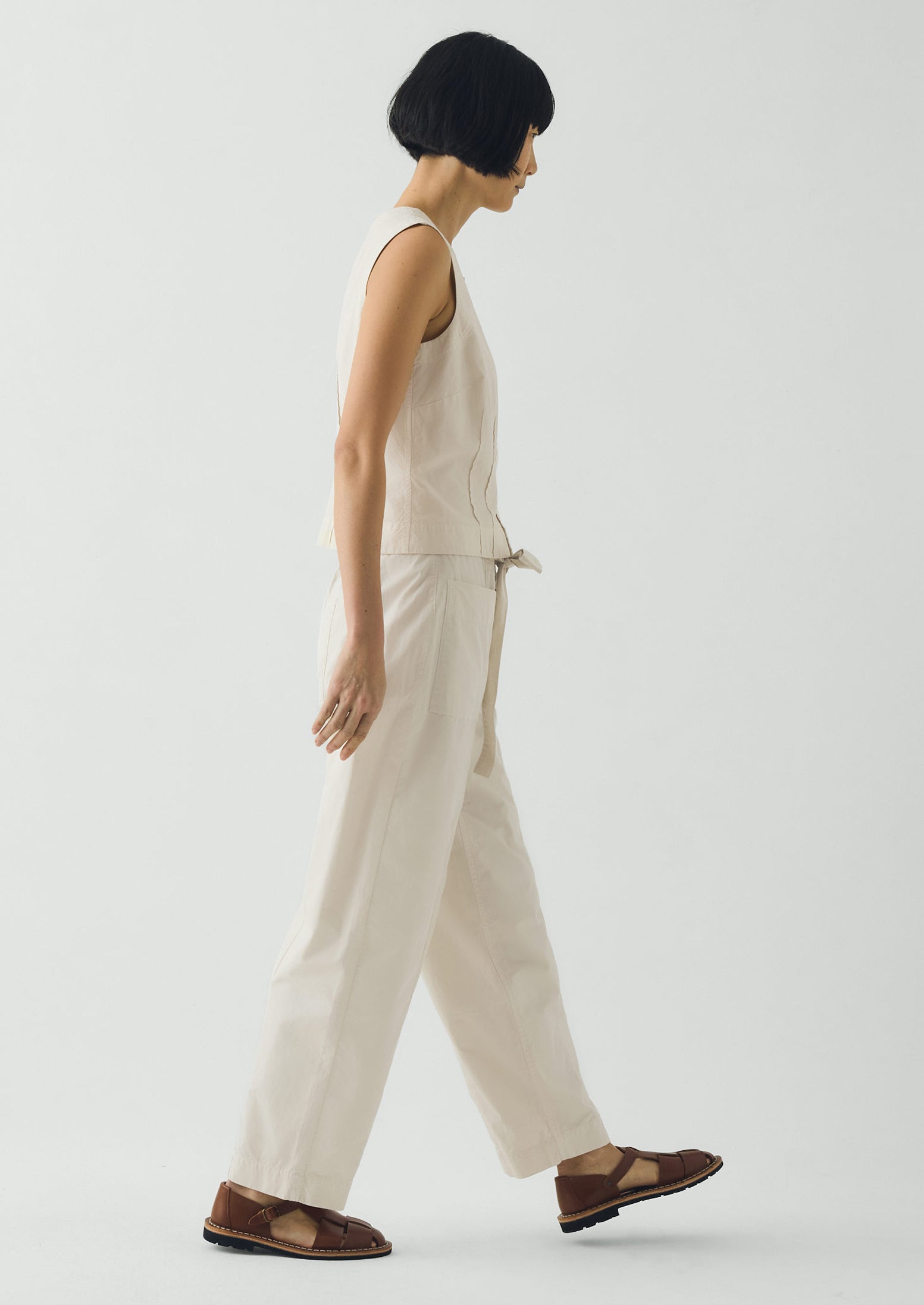 Cotton Twill Belted Trousers | Pebble
