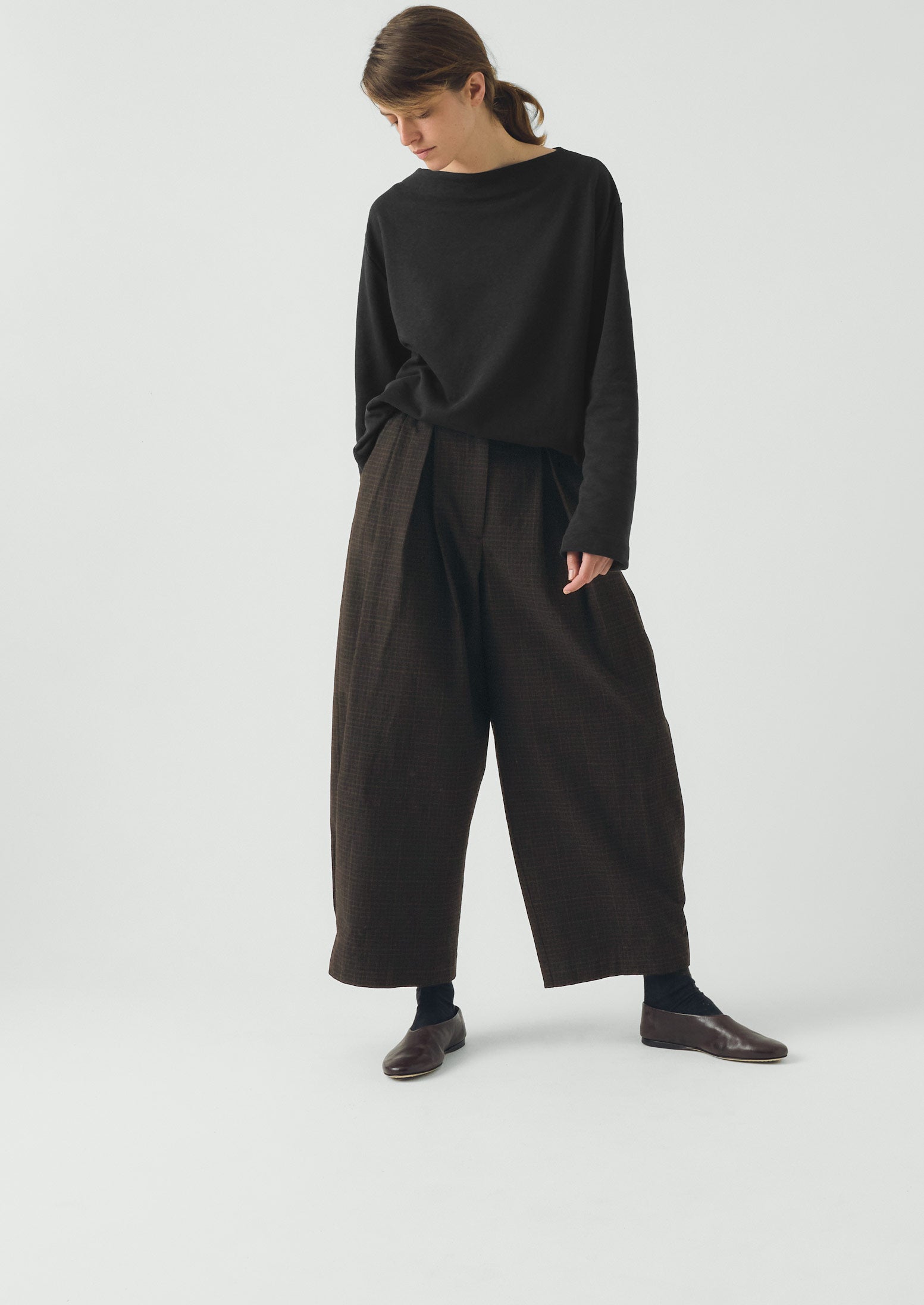 Carys Check Cotton Wool Wide Leg Trousers | Slate