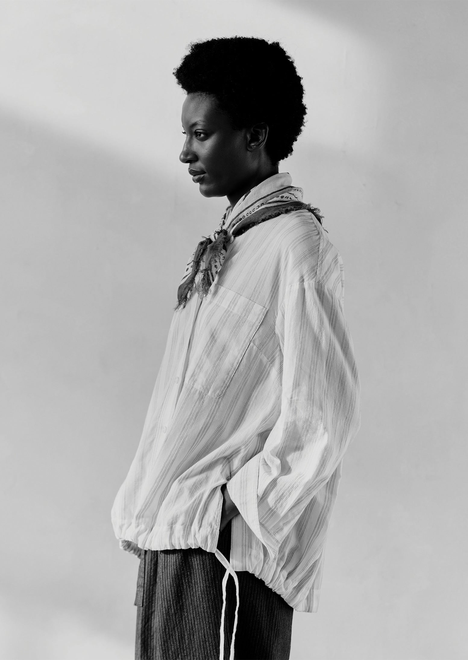 Drawstring Hem Stripe Cotton Shirt | Delft Blue/Off White