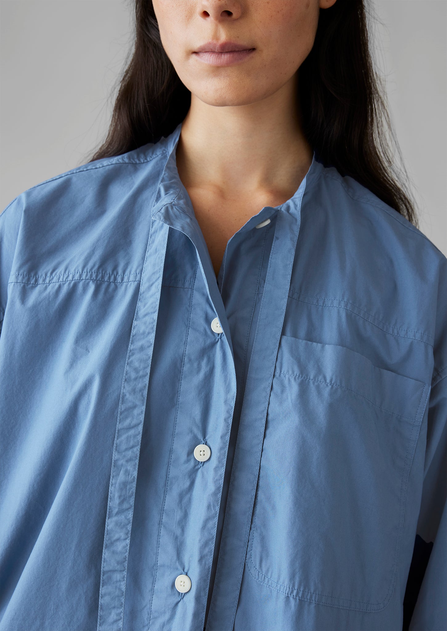 Tie Neck Cotton Poplin Shirt | Smock Blue