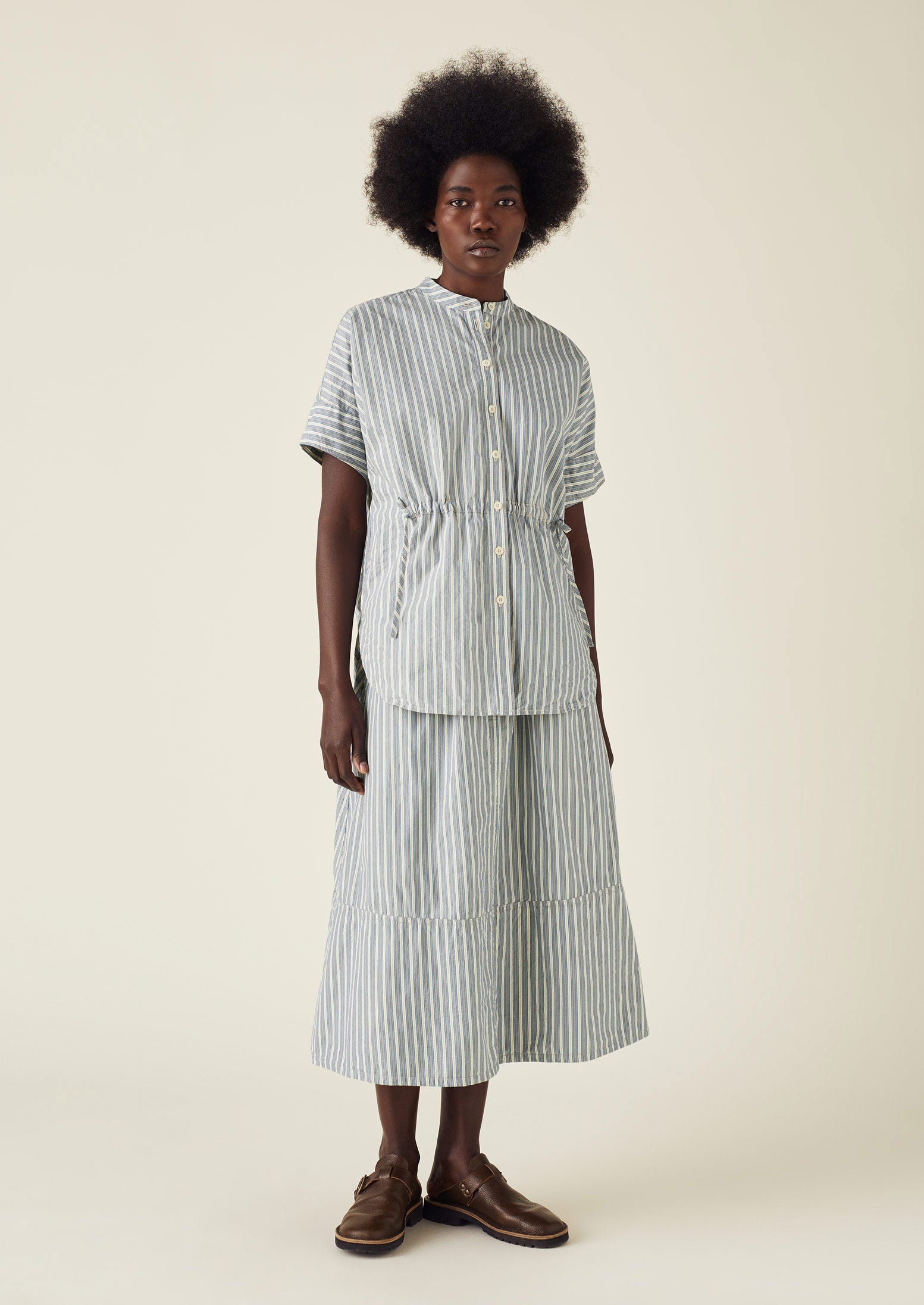 Stripe Organic Crinkle Poplin Gathered Shirt | Woad