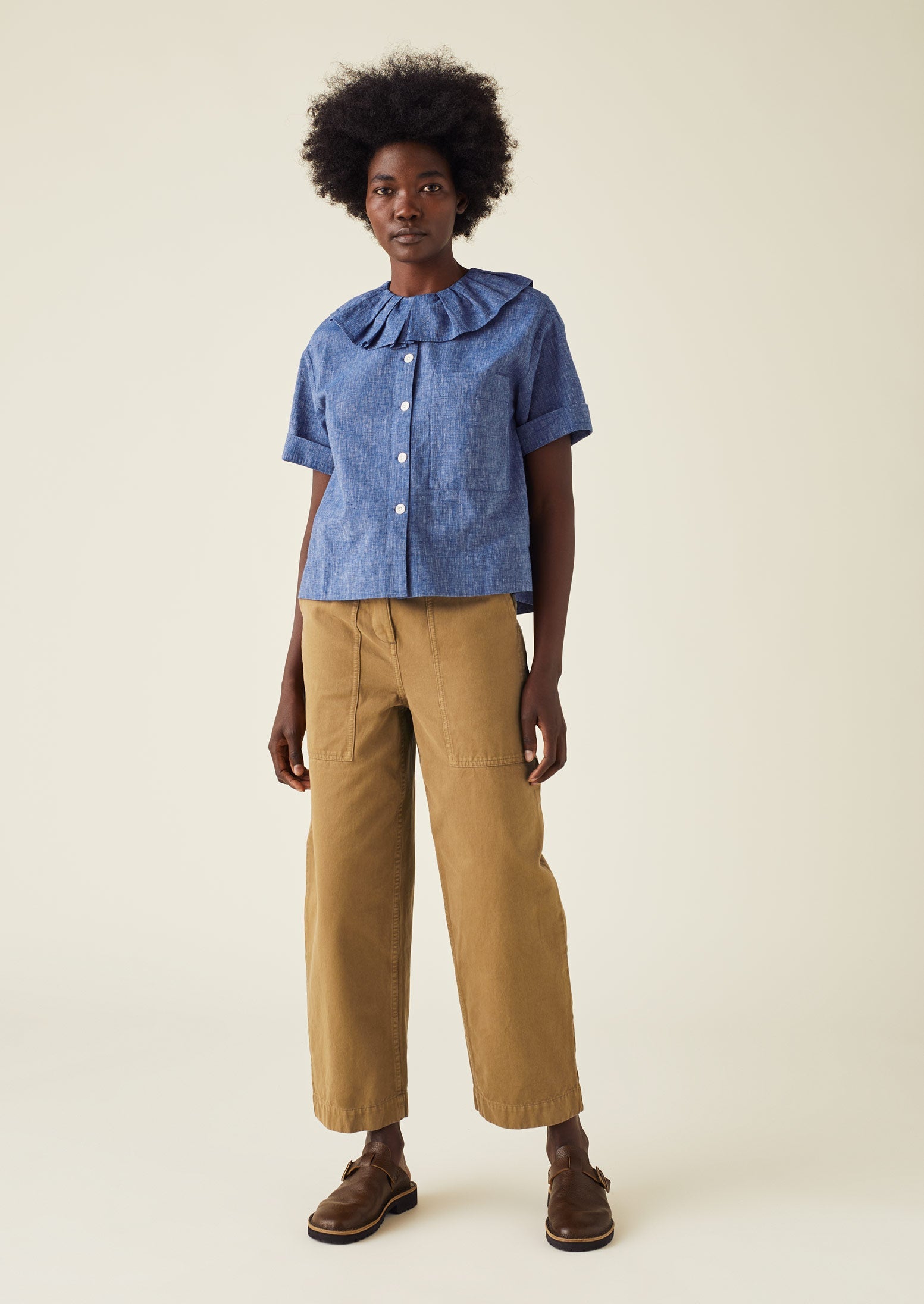 Pleat Collar Slubby Chambray Shirt | Chambray Blue